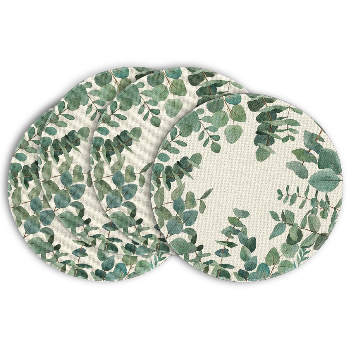 Artoid Mode Eucalyptus Leaves Summer Round Placemats Set of 4, 14 Inch Summer Round Table Mats for Dining Decoration