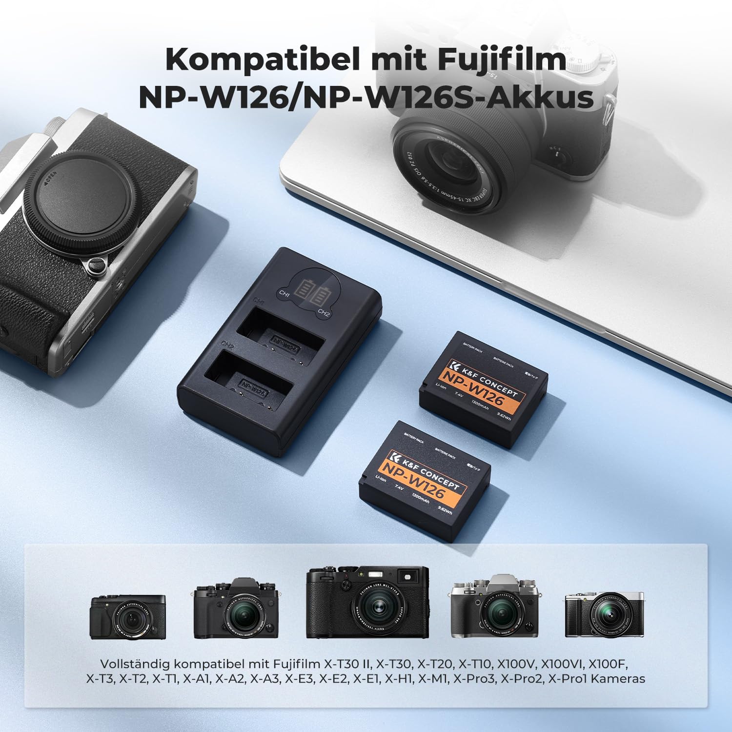 K&F CONCEPT NP-W126 NP-W126S Akku, 2 x 1300 mAh, kompatibel mit Fujifilm XT30 III/XM5/X100VI/X100V/XS10/XT30/XT30 II/XT20/XE4/A5, Schnellladegerät mit Dual-Slot mit Eingängen Type-C und Micro-USB
