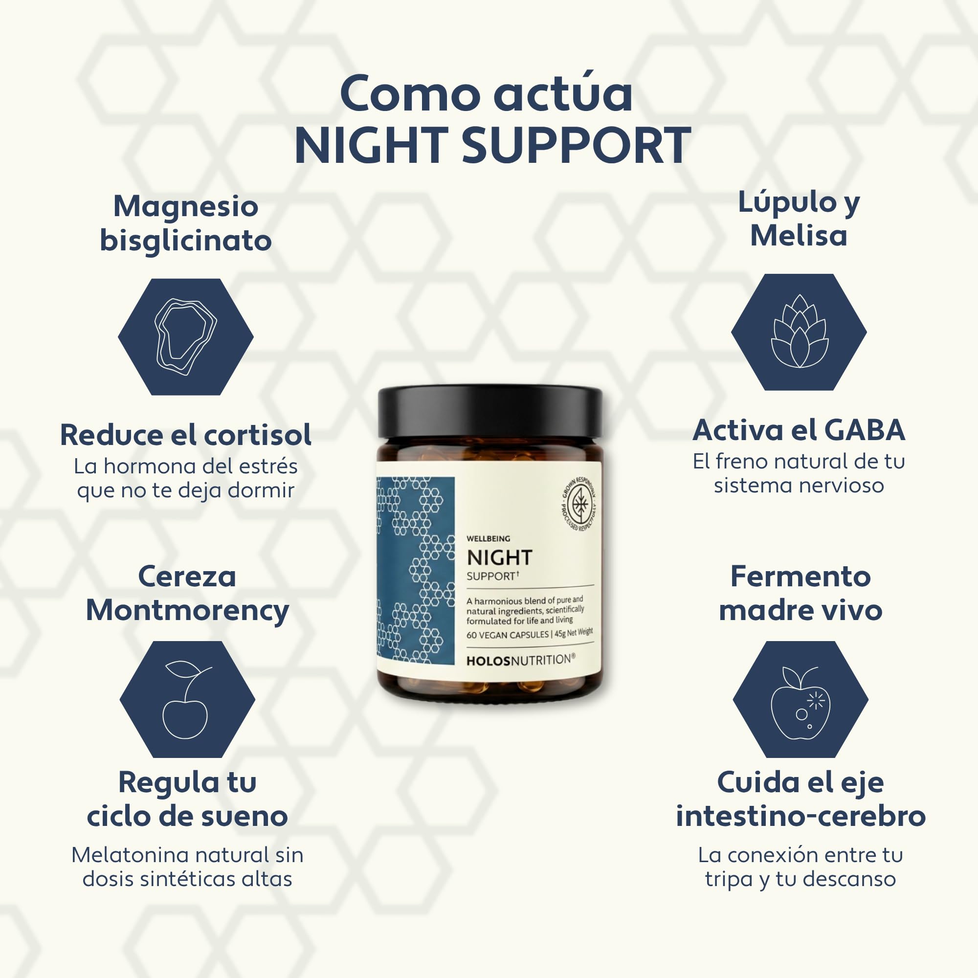 Night Support | Suplemento Natural para Dormir con Magnesio, Melisa, Lúpulo y Manzanilla | Relájate y Descansa de Verdad | 60 Cápsulas Veganas