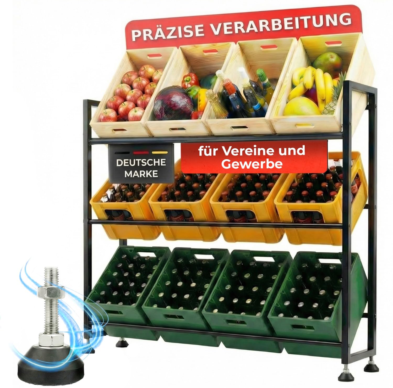 Getränkekistenregal für 12 Kisten – Schwerlast bis 300 kg Traglast – Standfestes Bier- & Wasserkistenregal mit Gummifüßen für Lager & Gastronomie
