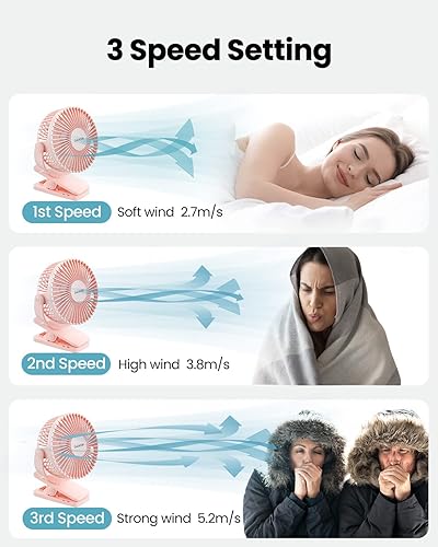 Miniatura 6 de Gaiatop Ventilador portátil con clip, funciona con pilas, pequeño y potente de 3 velocidades, silencioso de rotación de 360, mini ventilador de