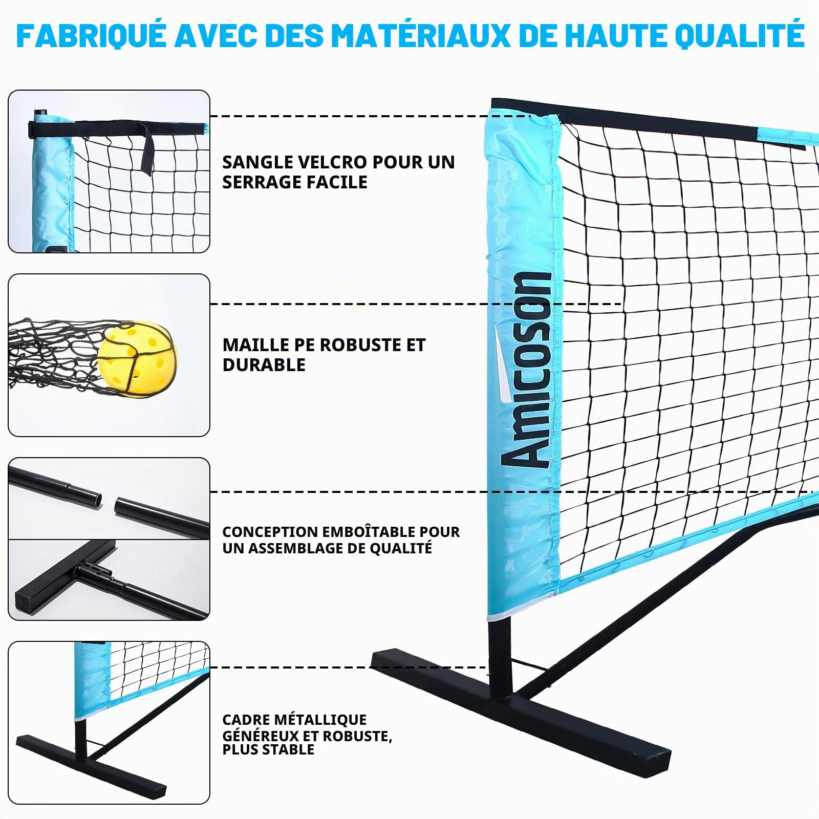 Amicoson Filet de Pickleball Set, 22FT Filet de Pickleball en bois pour l'extérieur avec 4 raquettes de en bois, 8 balles, 1 sac de transport, 1 sac à dos, 2 rouleaux de ruban