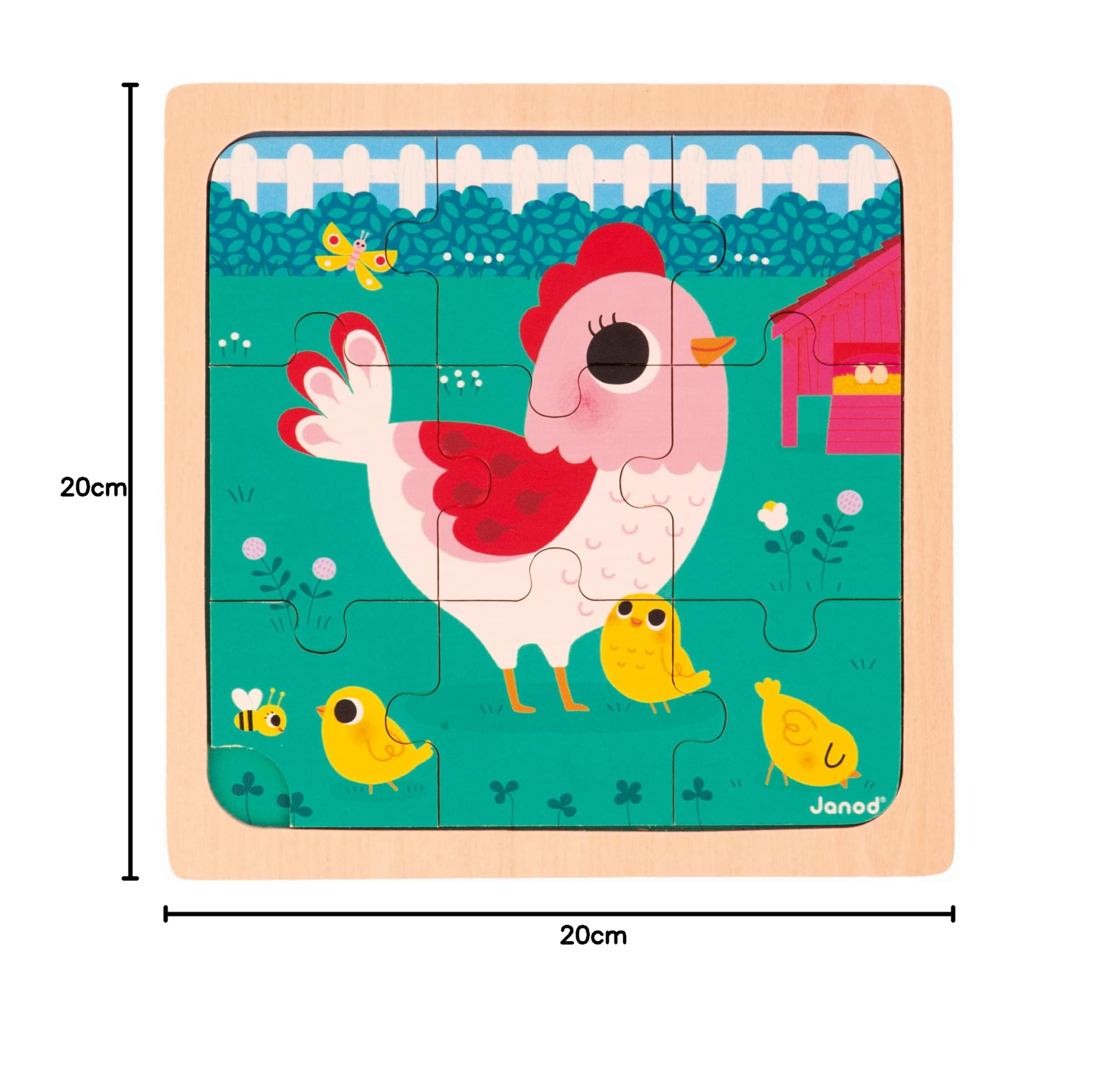 Janod - 3 Puzzle in Legno da 9 Pezzi - Gallina, Gatto, Coniglio - Giocattolo per Bambini - Gioco Educativo Prima Infanzia - Dai 18 Mesi, J07113