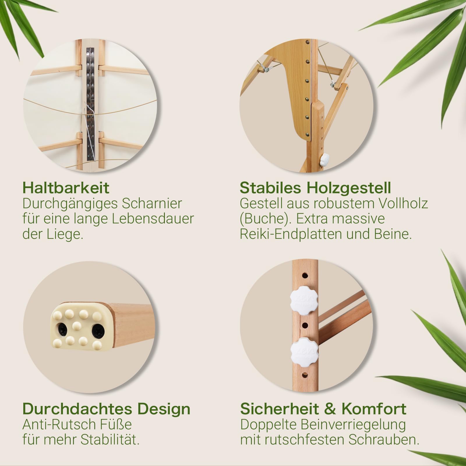 Zen – Mobile Round Corner Massageliege klappbar & höhenverstellbar – Vollholz Massagetisch mit abgerundeten Ecken für aktive Massagestile – Massagebank mit Kopfteil, Armlehnen & Tasche (Creme)