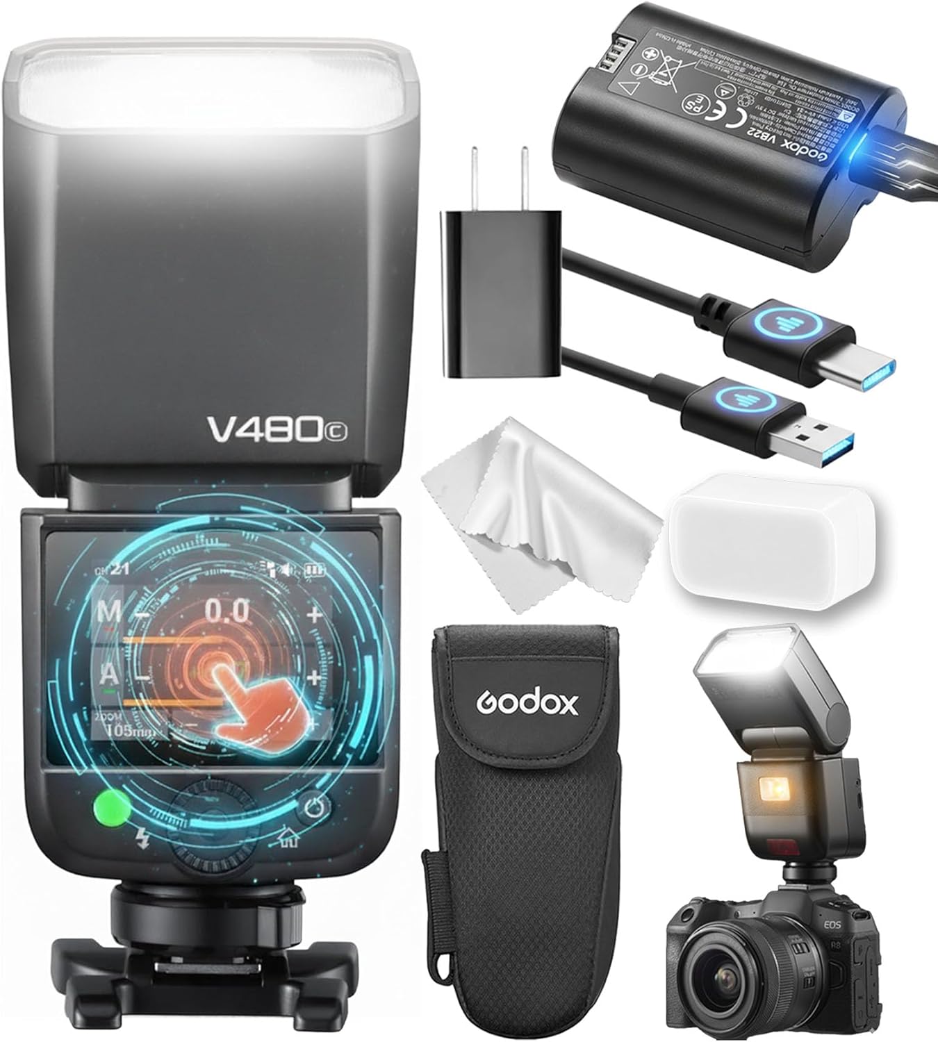 Godox V480 for Canon GODOX TTL Flash – GN50/1.7s Recycle/650 Flash Times/HSS/Smart Distance Readout/10 Level LED Modeling lamp/2.0” Touchscreen/2.4G Wireless System/TTL Camera Flash for Canon