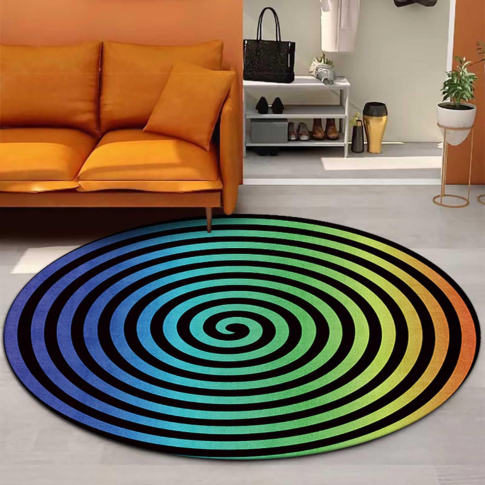 Tapis rond 140 cm au motif rayé 3D moderne et antidérapant pour salon