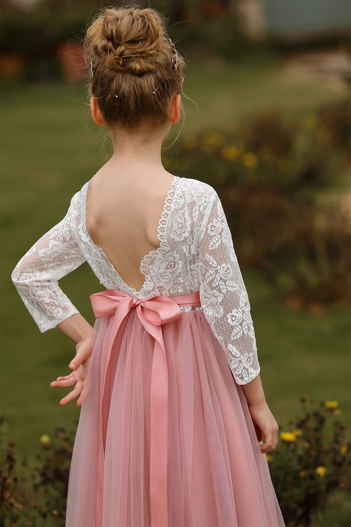 Aibaowedding Abito da bambina in pizzo con scollo a V, in tulle con fascia per la prima comunione, elegante abito lungo