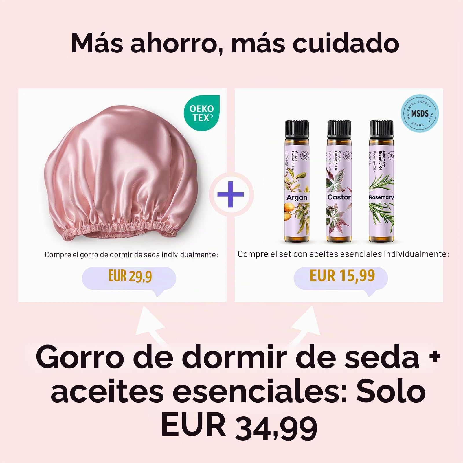 Umisleep 22 Momme Gorro de Seda para Dormir & Set de Aceite Capilar, Gorro de Noche 100% Seda de Morera, Transpirable y Ajustable, con 3 x 10 ml de Aceite Capilar Puro (Romero, Ricino y Argán)