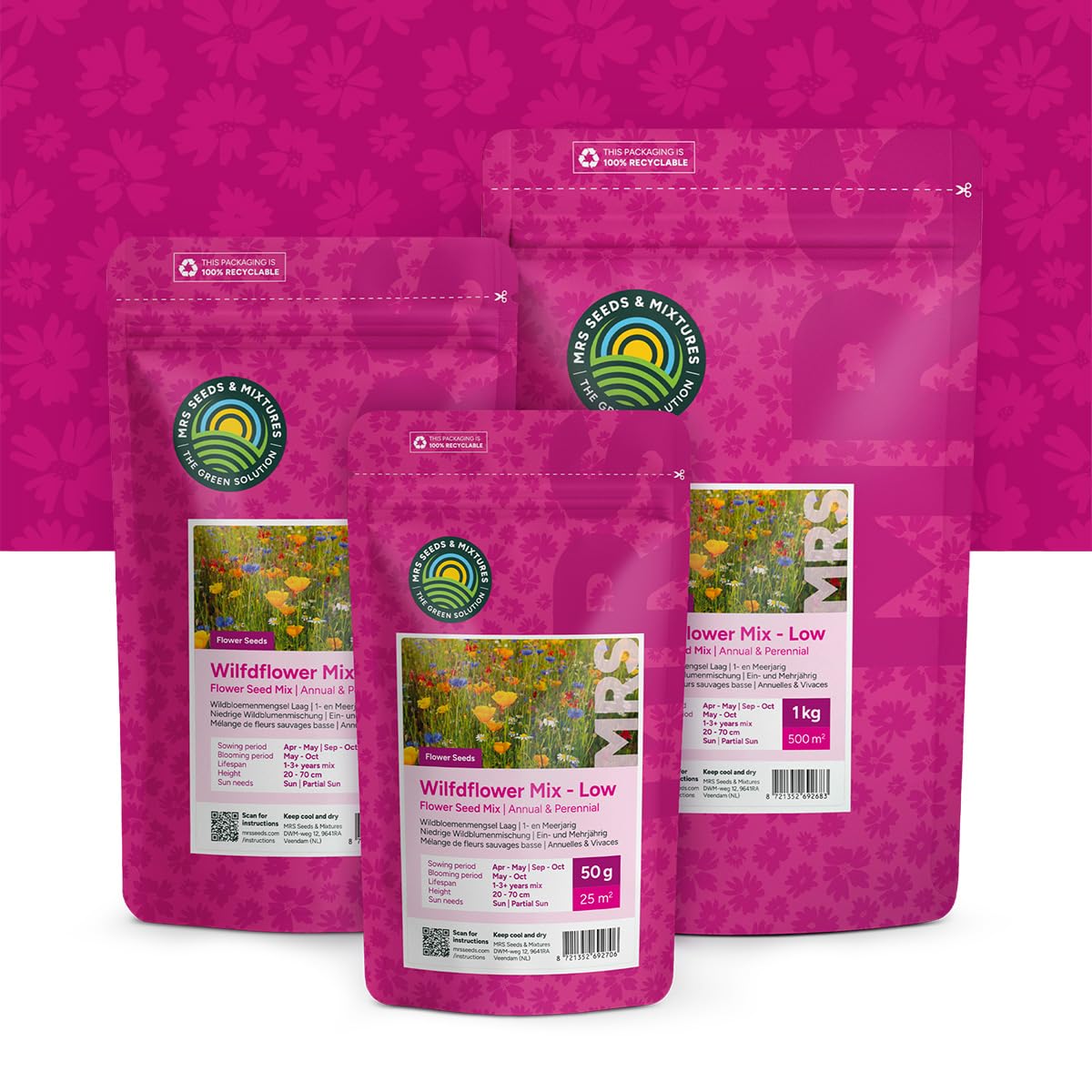 MRS Mélange de fleurs sauvages basses 1 kg pour 500 m² - 31 variétés annuelles et vivaces - Graines de fleurs des champs - Attire abeilles, bourdons et papillons