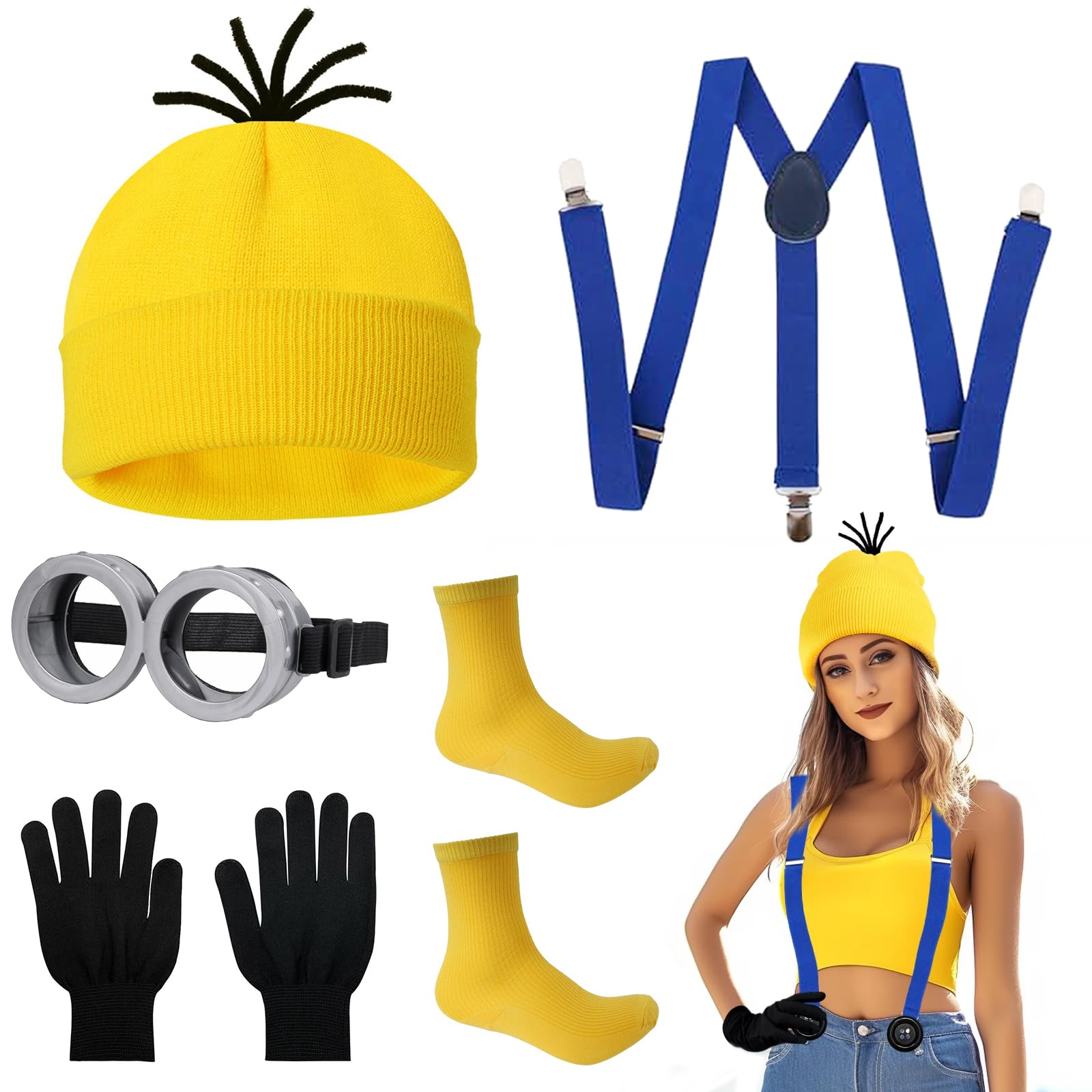 FIHODONE Funny Yellow Minion Costume for Adults, 6pcs Fancy Dress for Adults Women Men, with Minion Goggles, Beanie, Gloves, Buttons, Braces & Socks, for Cosplay Party Halloween