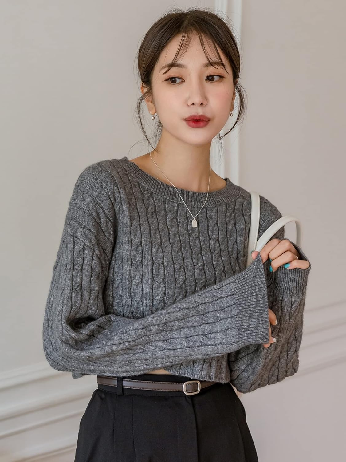 Women's Sweater Cable Knit Drop Shoulder Sweater Sweater for Women (Color : Gray, Size : Medium)