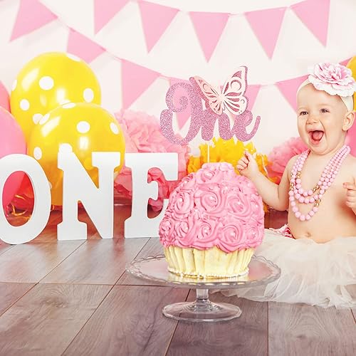 Miniatura 7 de Gyufise 1 decoración de pastel de mariposa, decoración de baby shower con purpurina rosa y selección de pastel de primer cumpleaños