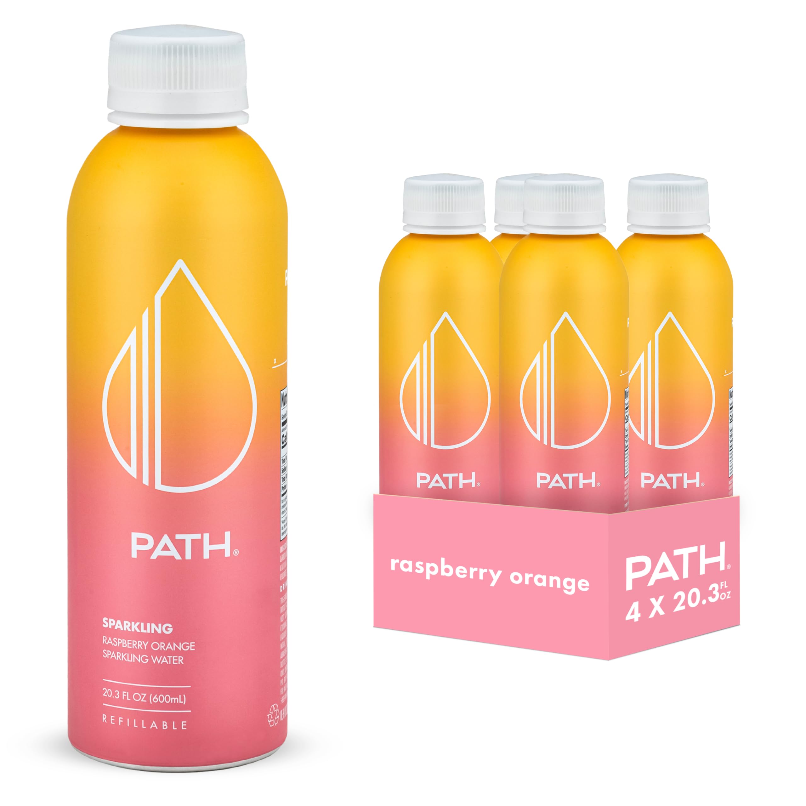 PATHWATER Raspberry Orange Flavored Sparkling Water - Ultra-Purified, pH-Balanced Carbonated Soda Water in Aluminum Bottle - BPA-Free, Light, Reusable