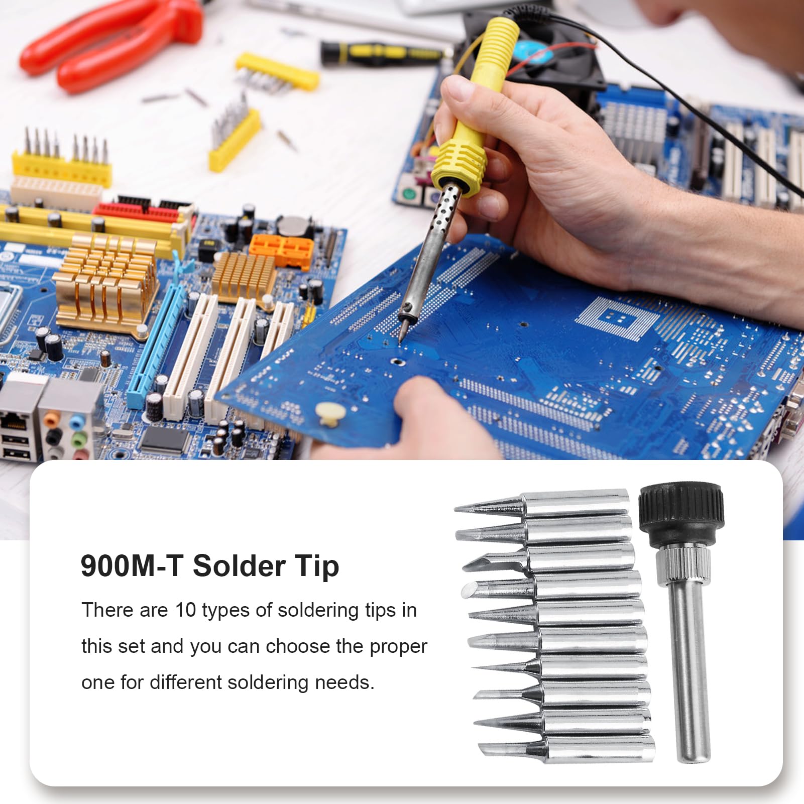 900M-T Series Copper Base Solder Iron Tips Set Electroplating Iron and Nickel Replaceable Low Temperature Soldering Shape I B K 1.2D 1.6D 2.4D 3.2D 2C 3C 4C[10 pcs Tips +1 Retaining Sleeve]