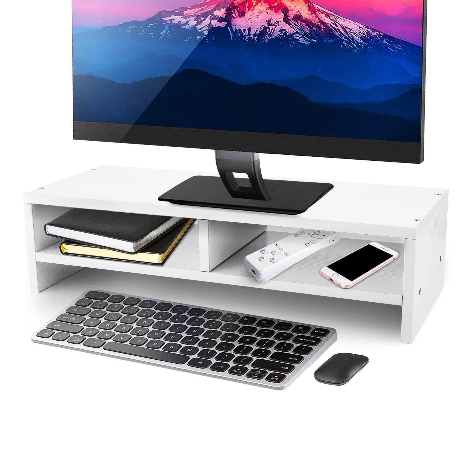 2-Tier Wooden Monitor Stand Riser with Storage Shelf Desk Organiser 500x200x132mm for Home Office PC & Computer Accessories (White)