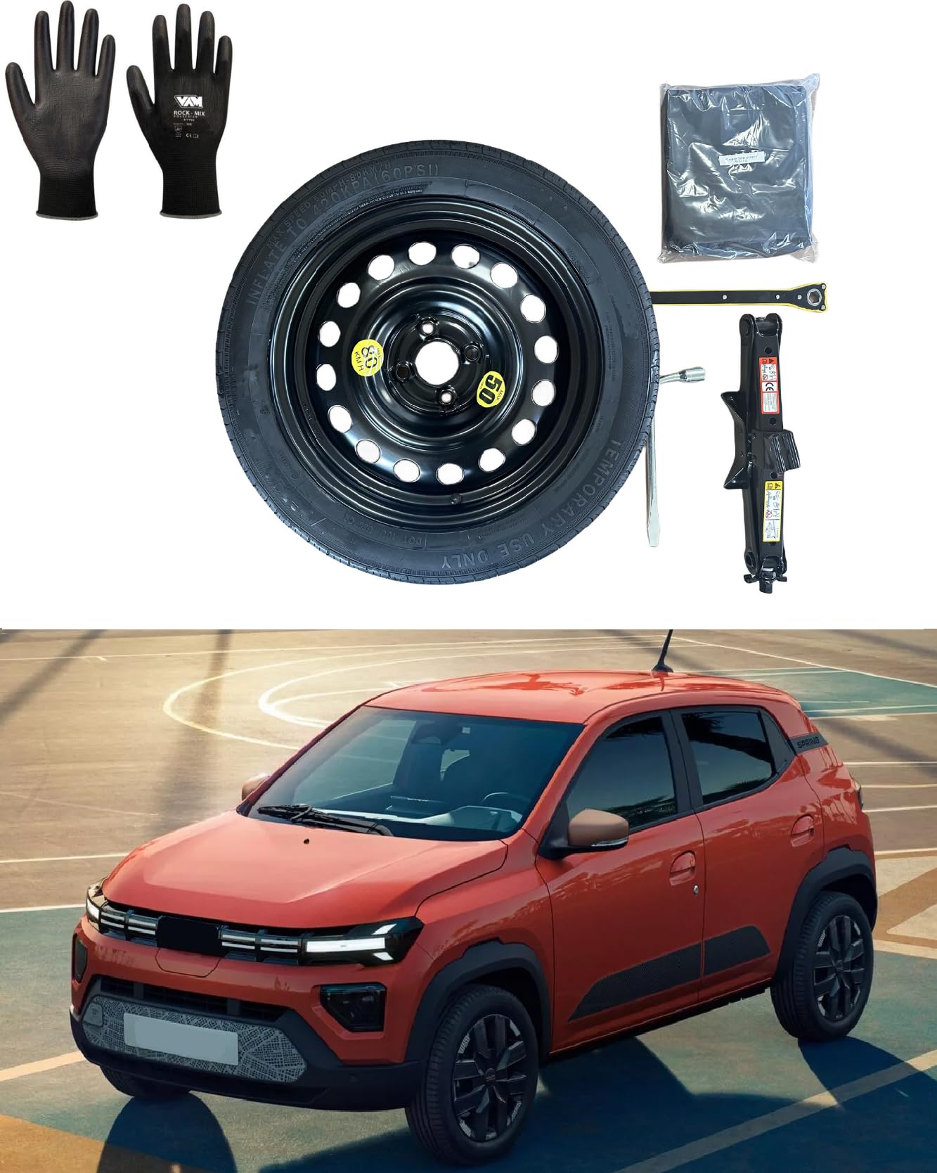Kit Ruotino di Scorta 15" compatibile con Dacia Spring con Cric, Chiave, Guanti e Sacca