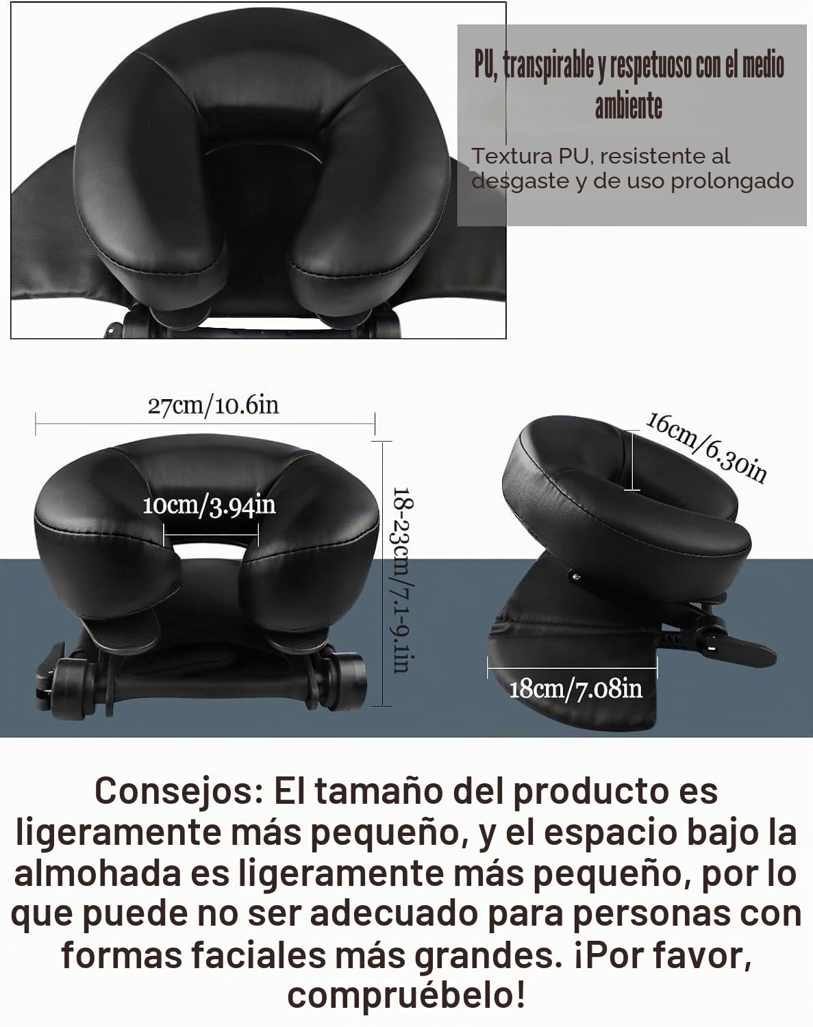 EBANKU Cojín para Mesa Masajes, Reposacabezas Ajustable para Mesa Masajes, Plataforma para Silla Masajes, Cama SPA (Black)