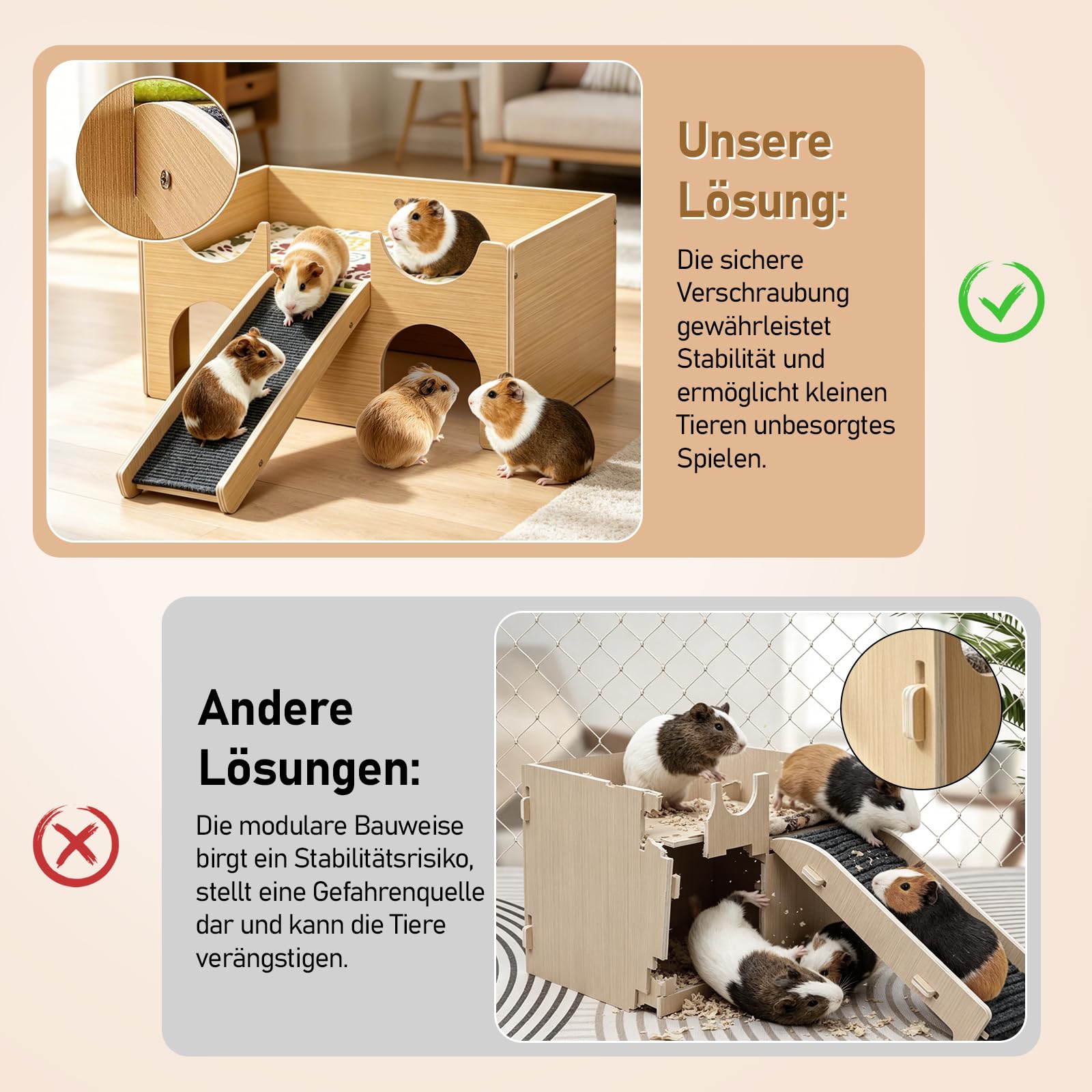 Oniissy 3-in-1 Meerschweinchen Haus aus Holz mit Rampe Versteck Plattfor (38x25x18cm)