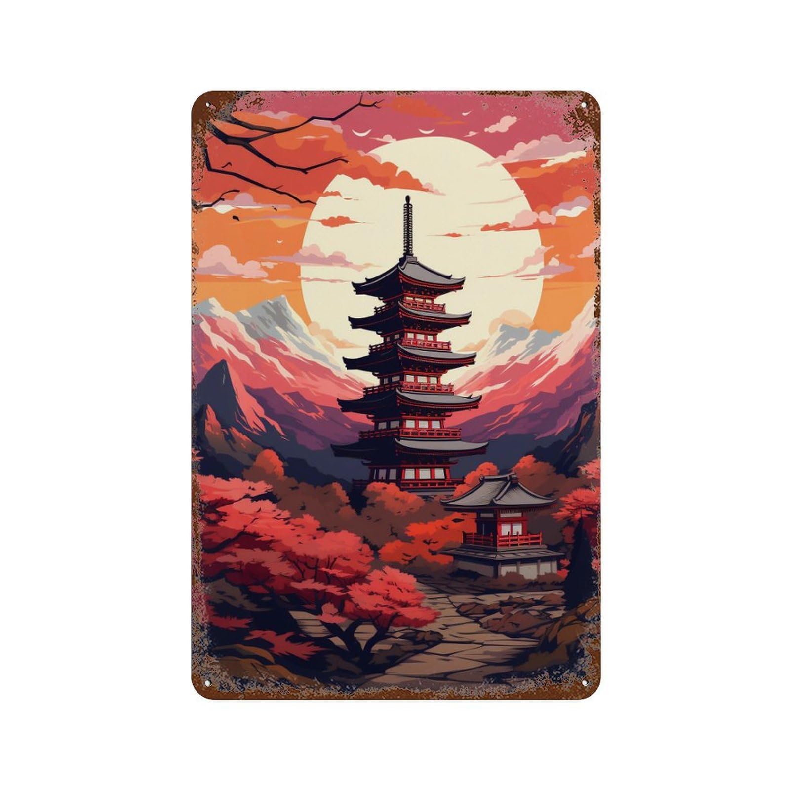 Japanese Pagoda Sunset Landscape-4 11.8"x7.9" Distressed Metal Wall Sign, Industrial Home Decor for Patio, Garden Room And Bar Decor
