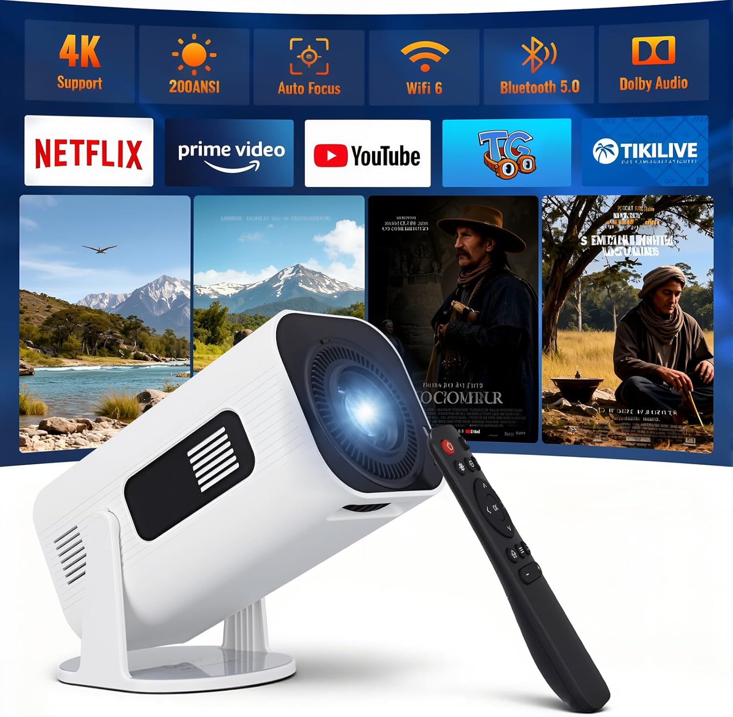 Mini Projector with Wifi and Bluetooth: Support 4K 1080P Portable Movie Projector Built-in Apps & Speaker - Auto Keystone Correction - 270° Rotatable Video Projector for Bedroom Home Theater