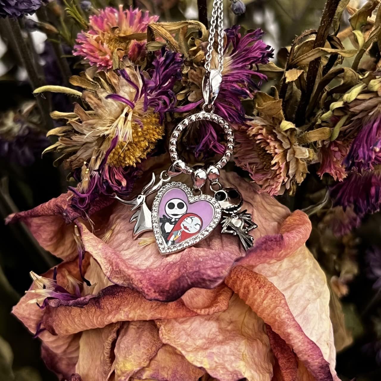 Disney The Nightmare Before Christmas Women's Necklace - Jack and Sally Pendant Necklace with Charms Jewelry