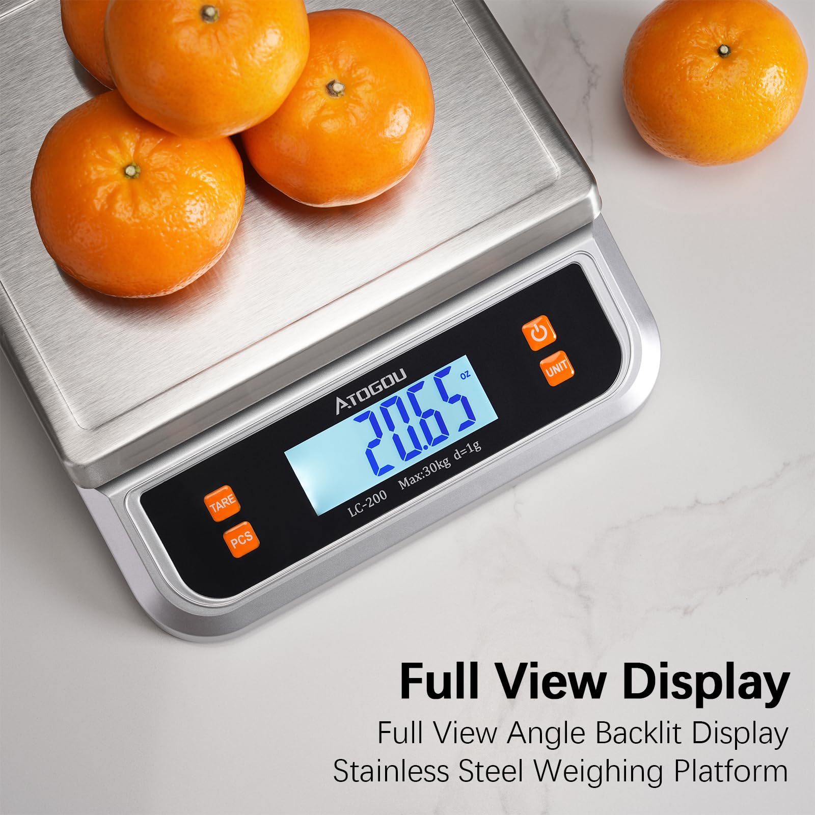 ATOGOU LC200 Balance de cuisine numérique commerciale 40 kg/1 g, avec conversion de 6 unités, acier inoxydable, écran LCD, pile AA ou utilisation enfichable pour la pâtisserie, le pain, la cuisine, la