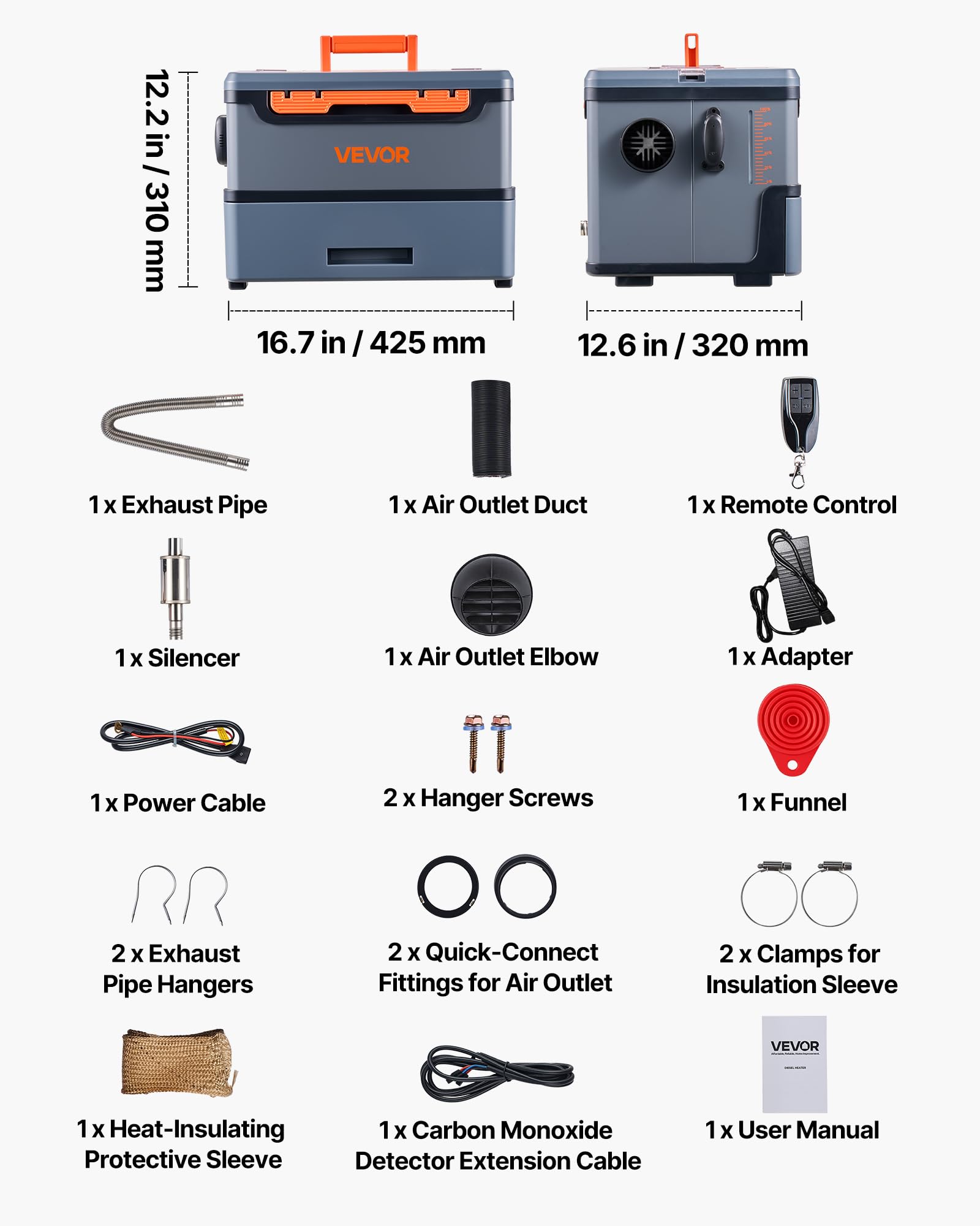 VEVOR Calentador Diésel de 8 kW Portátil, Todo en Uno, con Control por Bluetooth, Mando a Distancia y Pantalla LCD, Depósito de Combustible 5 L para Camiones y Autocaravanas, 425 x 320 x 310 mm
