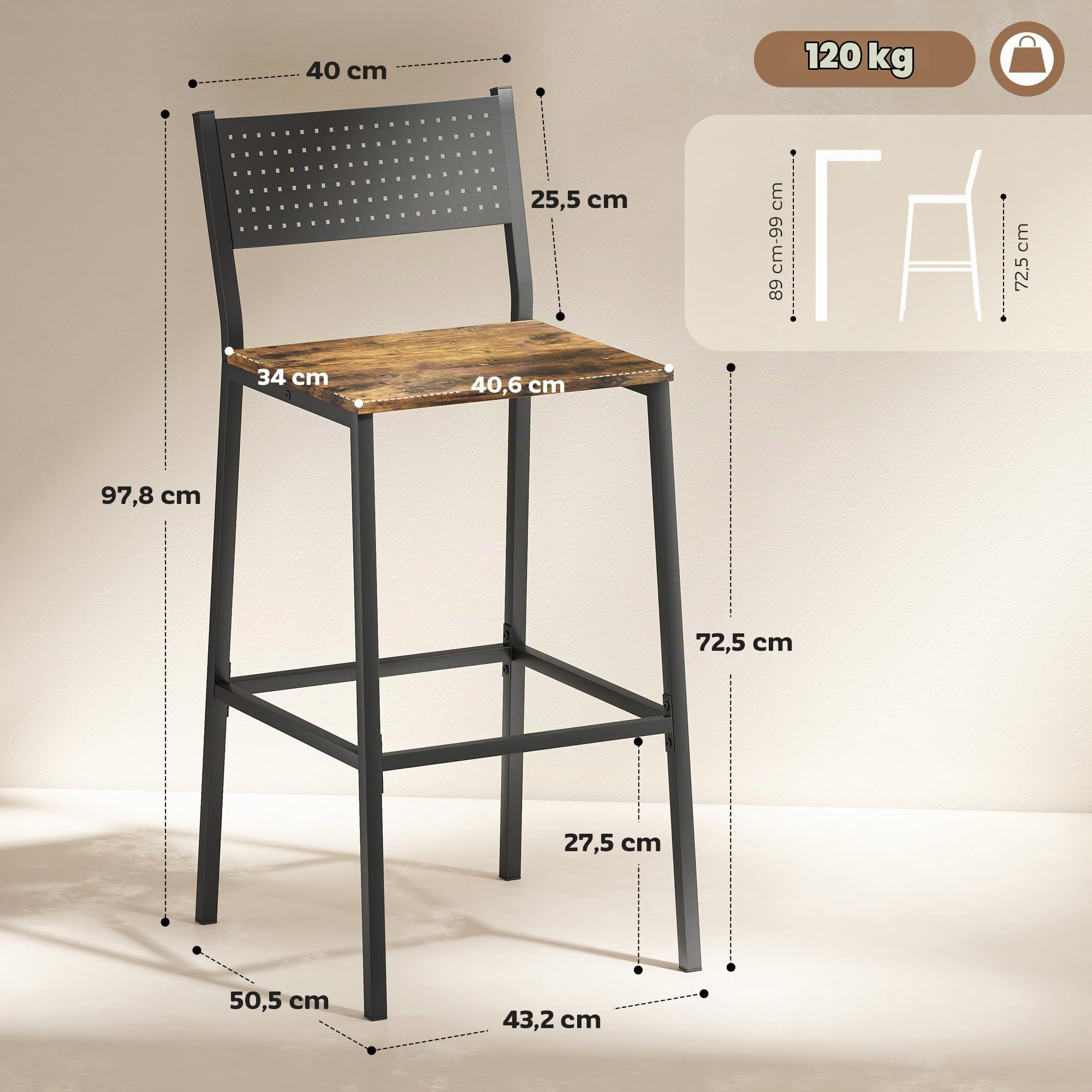 HOMCOM Lot de 2 tabourets de Bar, Assise 72,5H cm, Dossier, Brun Rustique