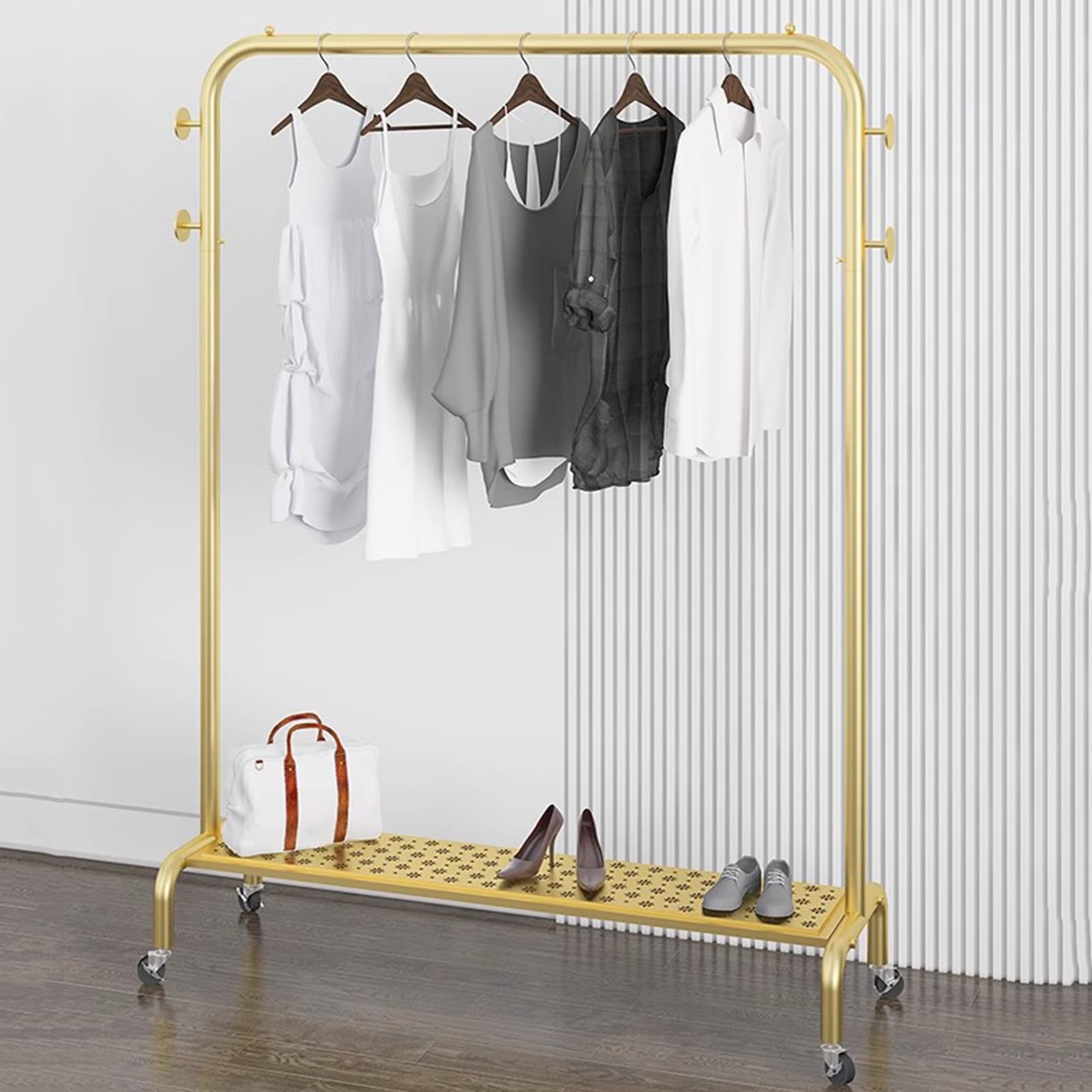 Percheros Burro Perchero Metálico con Baldas Y 4 Ganchos, Estante De Ropa sobre Ruedas, Riel De Ropa Resistente para Dormitorio Y Lavadero, Organizador De Ropa Portátil, Dorado(Size:160X40X155CM)
