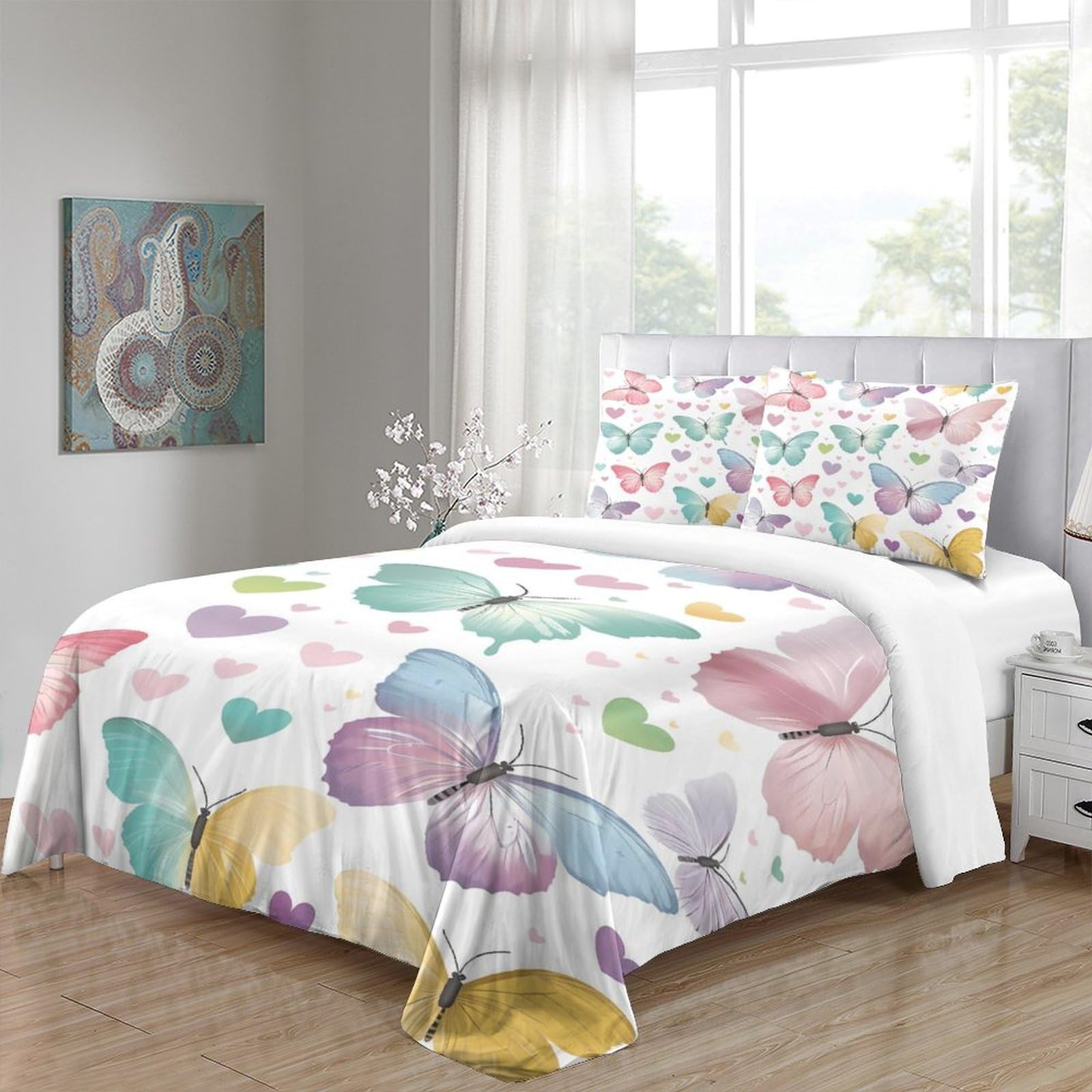 Schmetterling Design 3-teiliges Reines Polyester Pastell bunter Stil Bettbezugset, Versteckter Reißverschluss, Für Kleinkinder, Babysicher & Gifffrei, Pflegeleicht King（220x240cm）