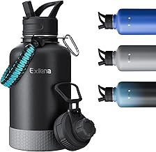 Exllena 2 Litre Thermal Bottle – 18/8 Stainless Steel Double Thermal Insulation, BPA Free with 2 Lids and Paracord Handle – Large Watertight Water Bottle (Black)
