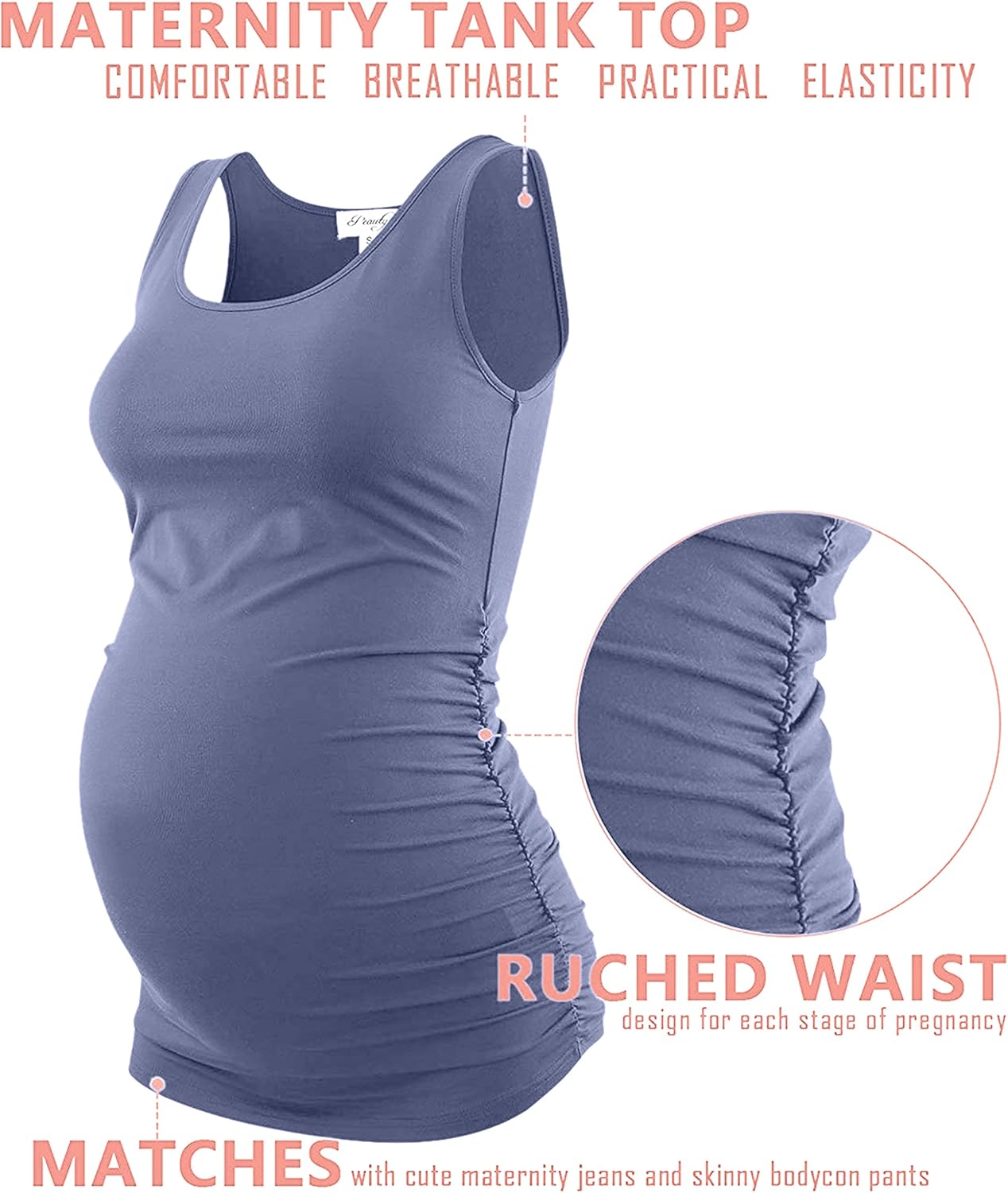 Peauty "Long Enough to Cover Hip Maternity Side Ruch Tank Tops/Basic Maternity Tops for Summer Casual Wear (S-3XL) - Image 3