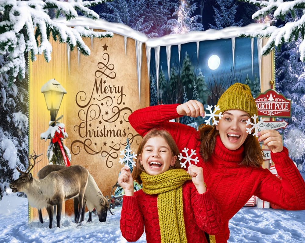 12x8ft Christmas Backdrop for Photography Fairy Style Door to Christmas Village Background for Party Decorations North Pole Winter Wonderland Night Scenery Backdrop Photo Shoot Props Banner