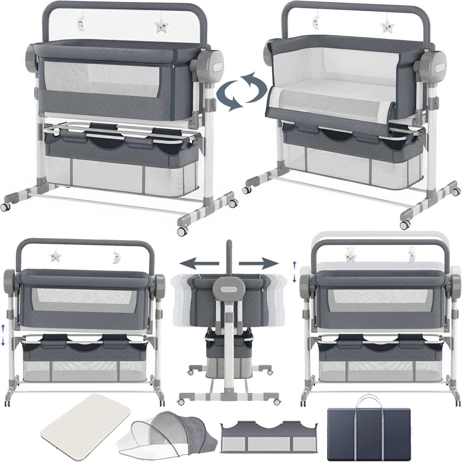 Doraystar Beistellbett Baby, Convertible Großer Raum Babybett für Co-Sleeping, Beistellbett Baby Boxspringbett mit Rollen Multifunktionale Faltbare mit 5 Schwankende Getriebe (608 Grey)
