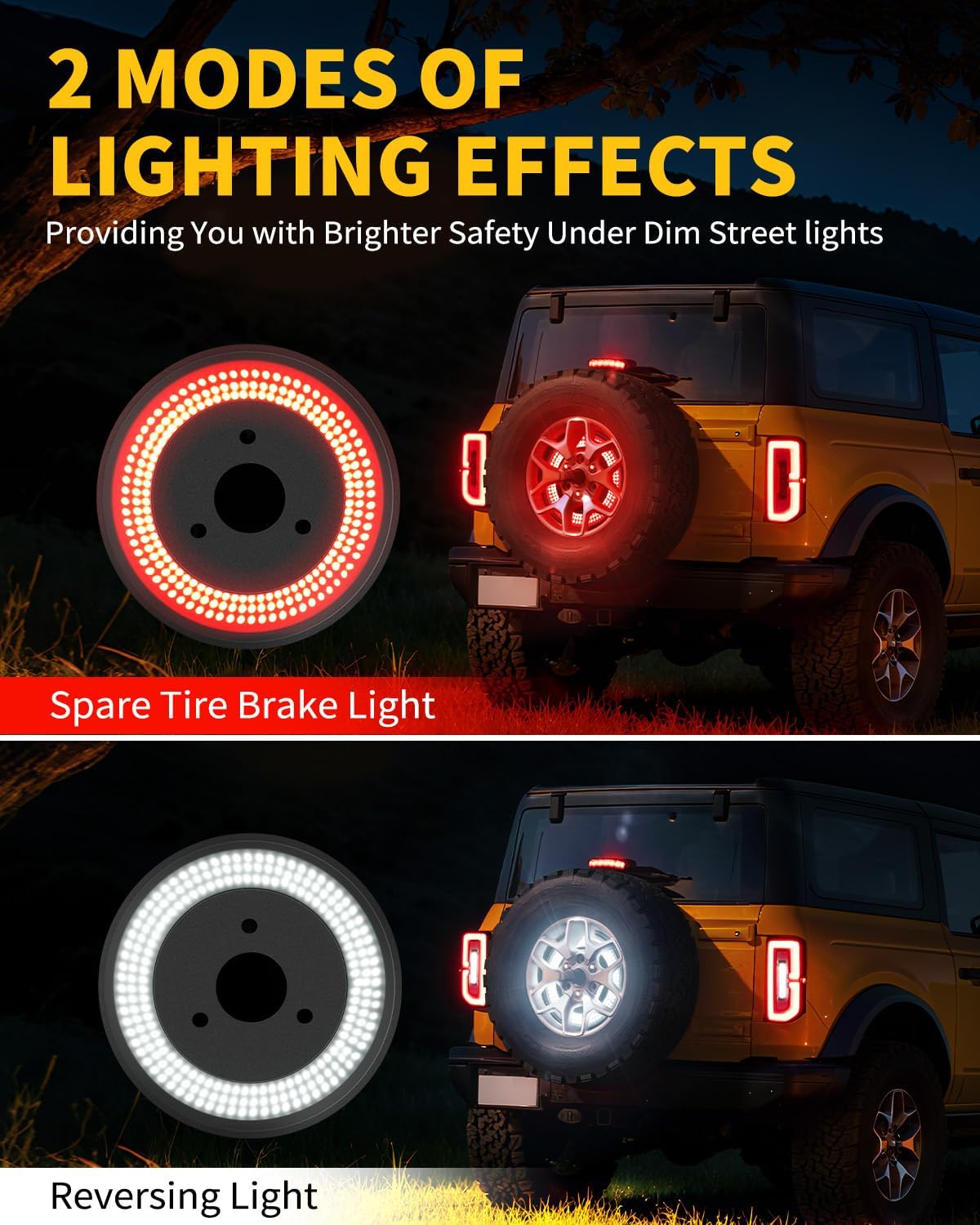 LED Spare Tire Brake for Ford Bronco 2021-2025, Plug & Play 3rd Third Brake Light Wheel Light with Large Lighting Surface, Red Brake + Reverse Light Dual Function
