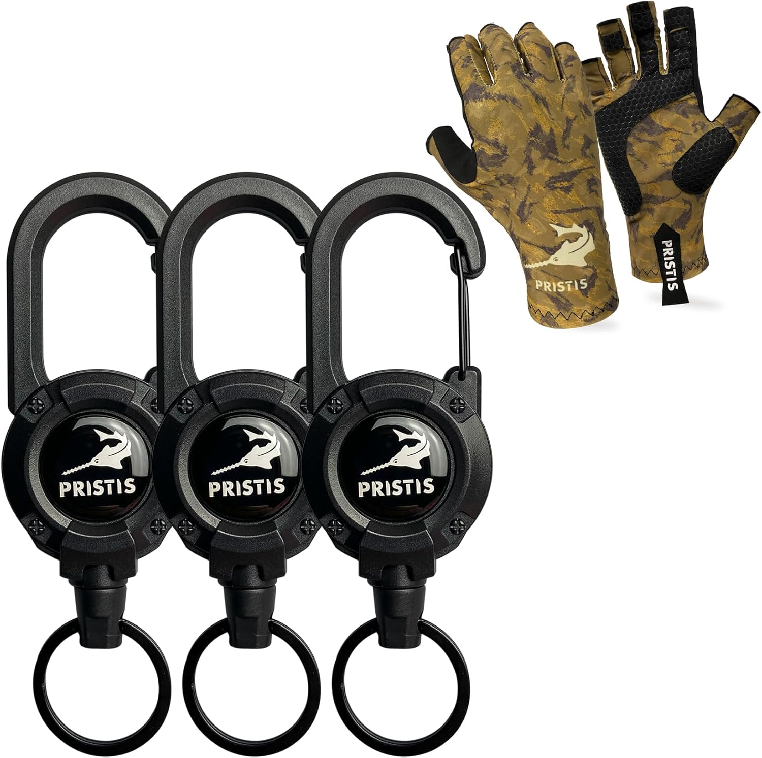 Pristis Convenient Fishing Equipment Combination, 3 Pack Heavy Duty Zinger Retractors & Canyon CAMO Half-Finger Fishing Gloves (L-XL), A Neat Option for Angler