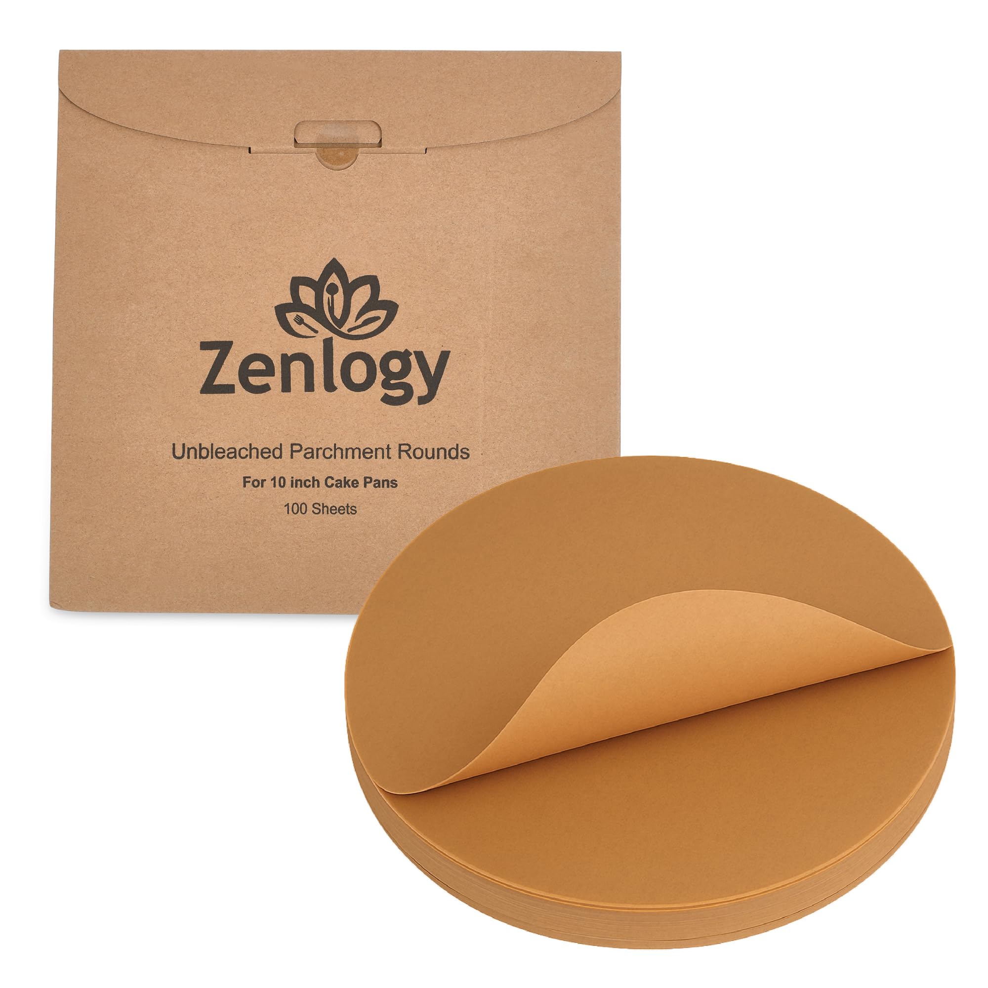 Zenlogy 10 Inch Parchment Paper Rounds (100 Sheets) - Unbleached, Pre-cut, High Heat, Round Liners - Fits 10 inch Round Cake Pans, Pizza Pans, and Air