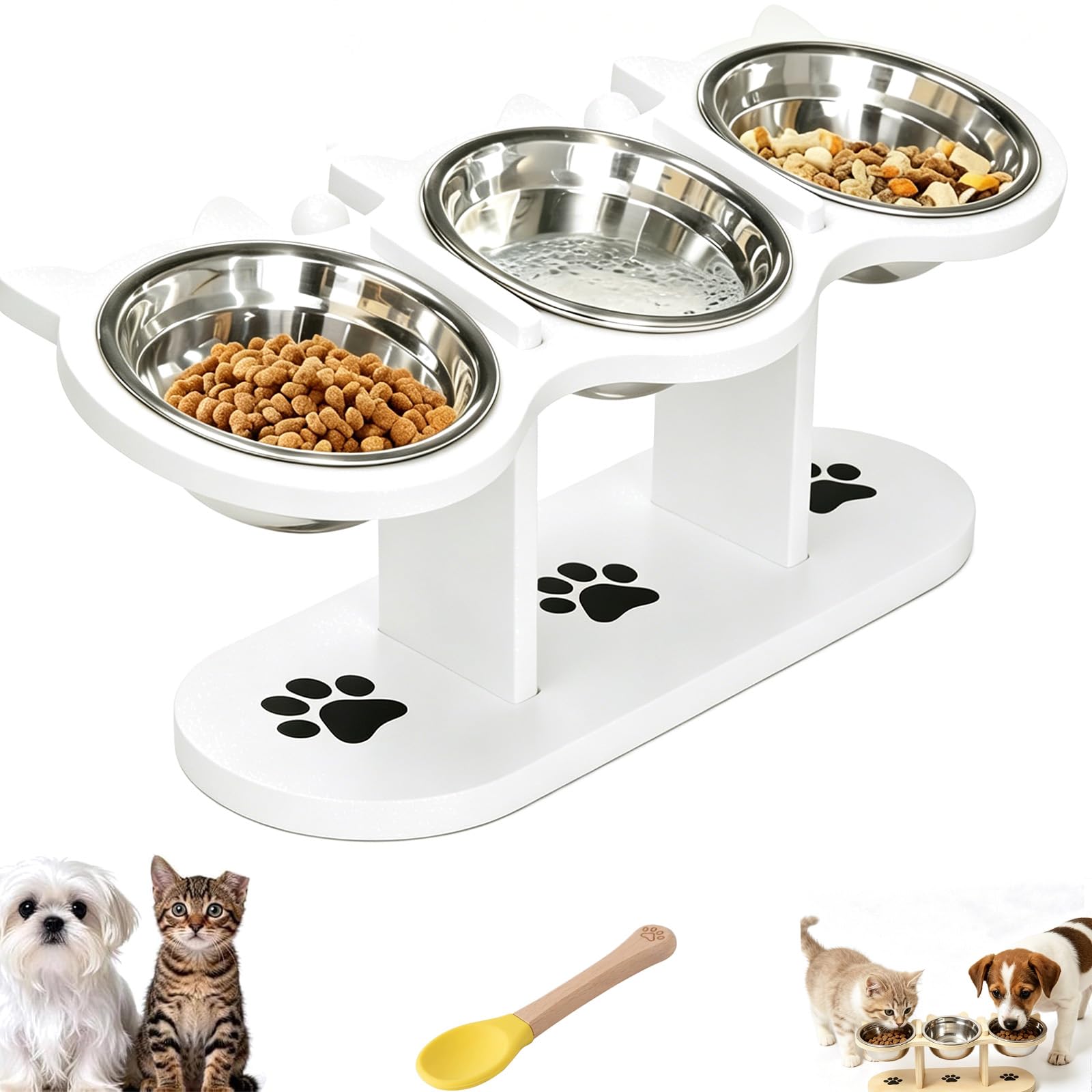 Antislip Elevated 3 Bowl Pet Feeder, Cat Bowls With Stand Tilted,Stainless Steel Raised Cat Bowl, 3-In-1 Food And Water Bowl Set for Cats, Puppy And Small Dog (White (three bowls))