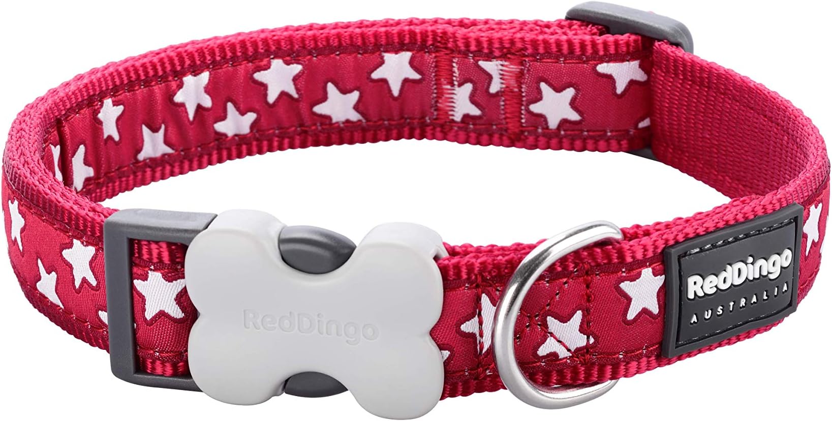 Red Dingo Bucklebone Dog Collar Design, Stars White on Red, Medium 20mm