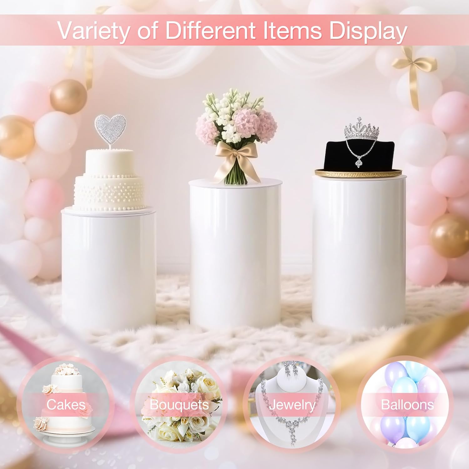 FAHKNS 3PCS Cylinder Stands for Party White Round Cylinder Plinths Dessert Table Display Pillars for Wedding Birthday Party Decor, 35.4''(L) 29.5''(M) 23.6''(S)