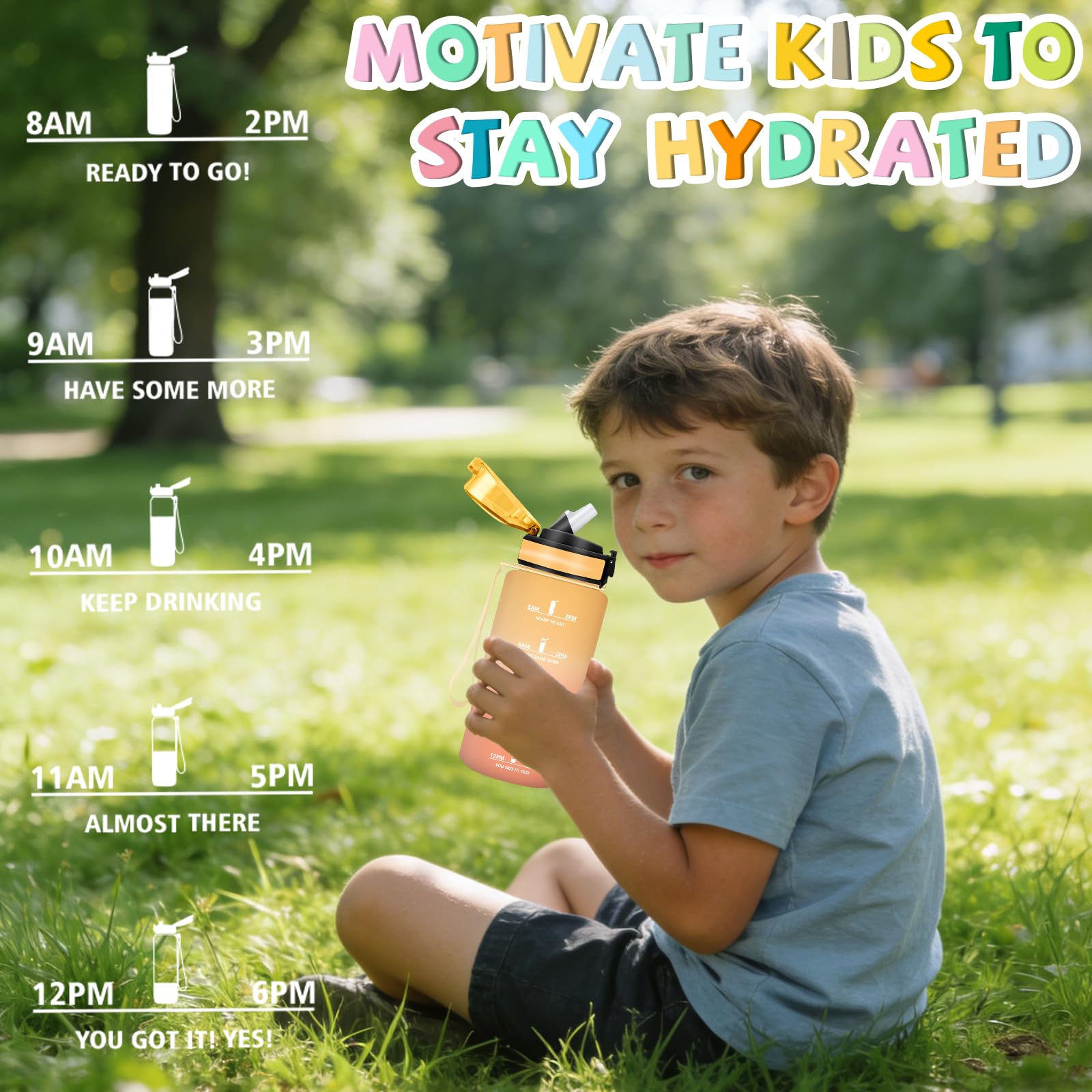 Borraccia- 0,5 litri- Borraccia Bambini, Borraccie con Cannuccia, Senza Perdite, Borraccie Motivazionale, Bocca Larga, Con Chiusura di Sicurezza, per Scuole, Corsa, Lavoro, Picnic