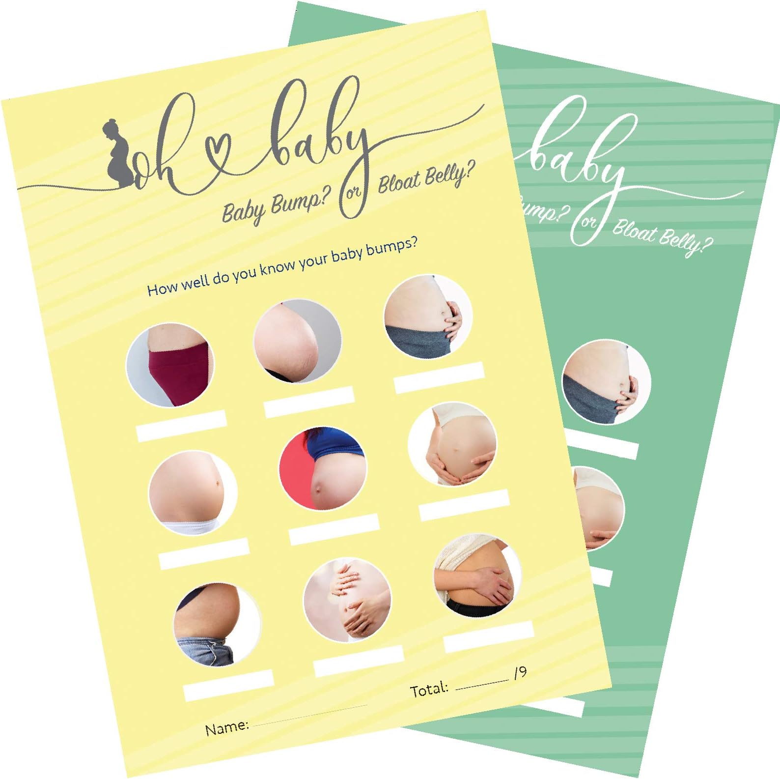 12 x Yellow Baby Shower Games Baby Bump Or Bloat Belly 12 Game Cards and 1 Answer Card Boy/Girl/Unisex