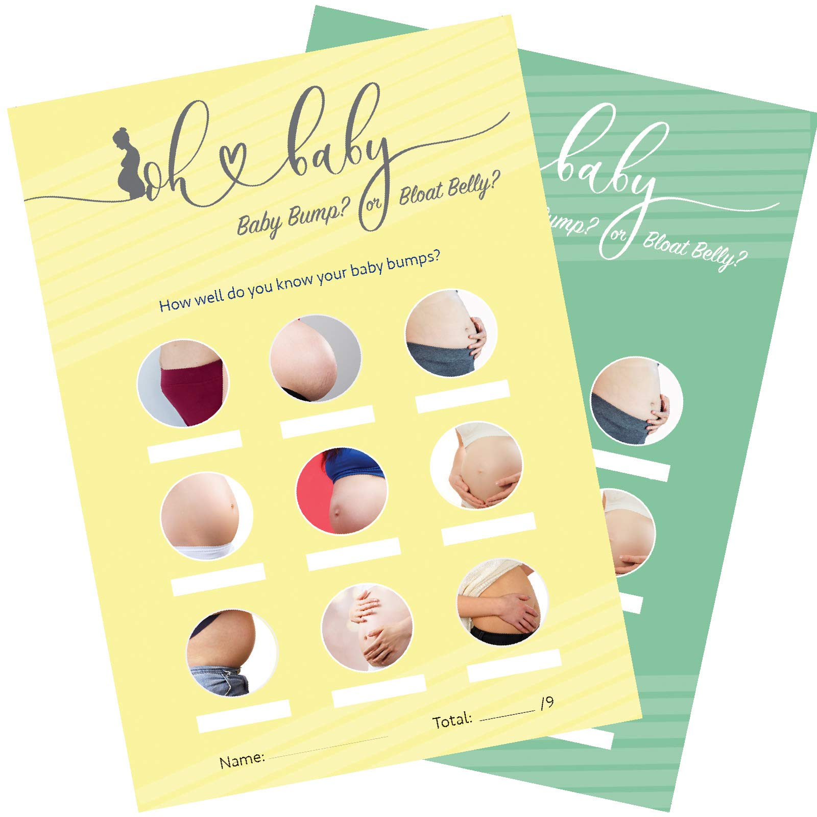 12 x Yellow Baby Shower Games Baby Bump Or Bloat Belly 12 Game Cards and 1 Answer Card Boy/Girl/Unisex