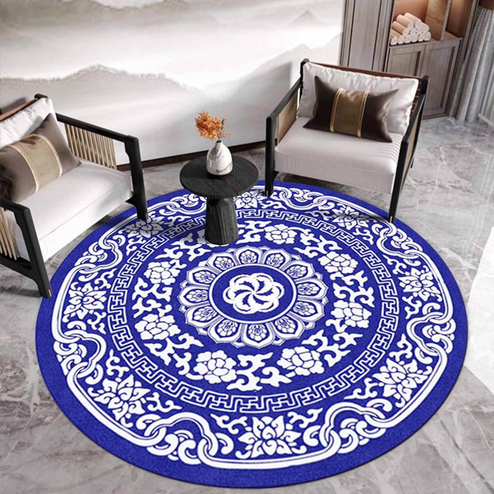 Tapis de Chambre Vintage Cercle Bleu Blanc 60cm 80cm 100cm 120cm 140cm 160cm 180cm 200cm Tapis élégant pour Salon Panier Suspendu
