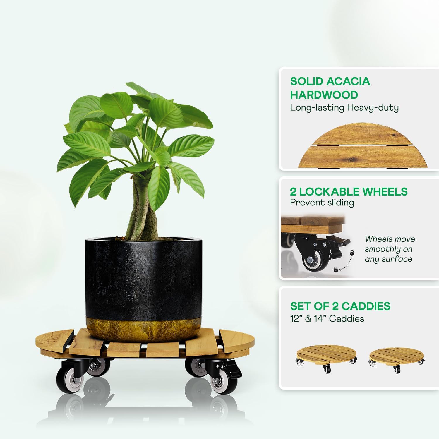 Idzo Combo 12 Inch and 14 Inch Acacia Wood Rolling Round Planter Caddies for Plant Pots, Heavy Duty Plant Stand with 360° Lockable Wheels, 264 lbs Capacity Caddy for Indoor and Outdoor Use, Golden Teak