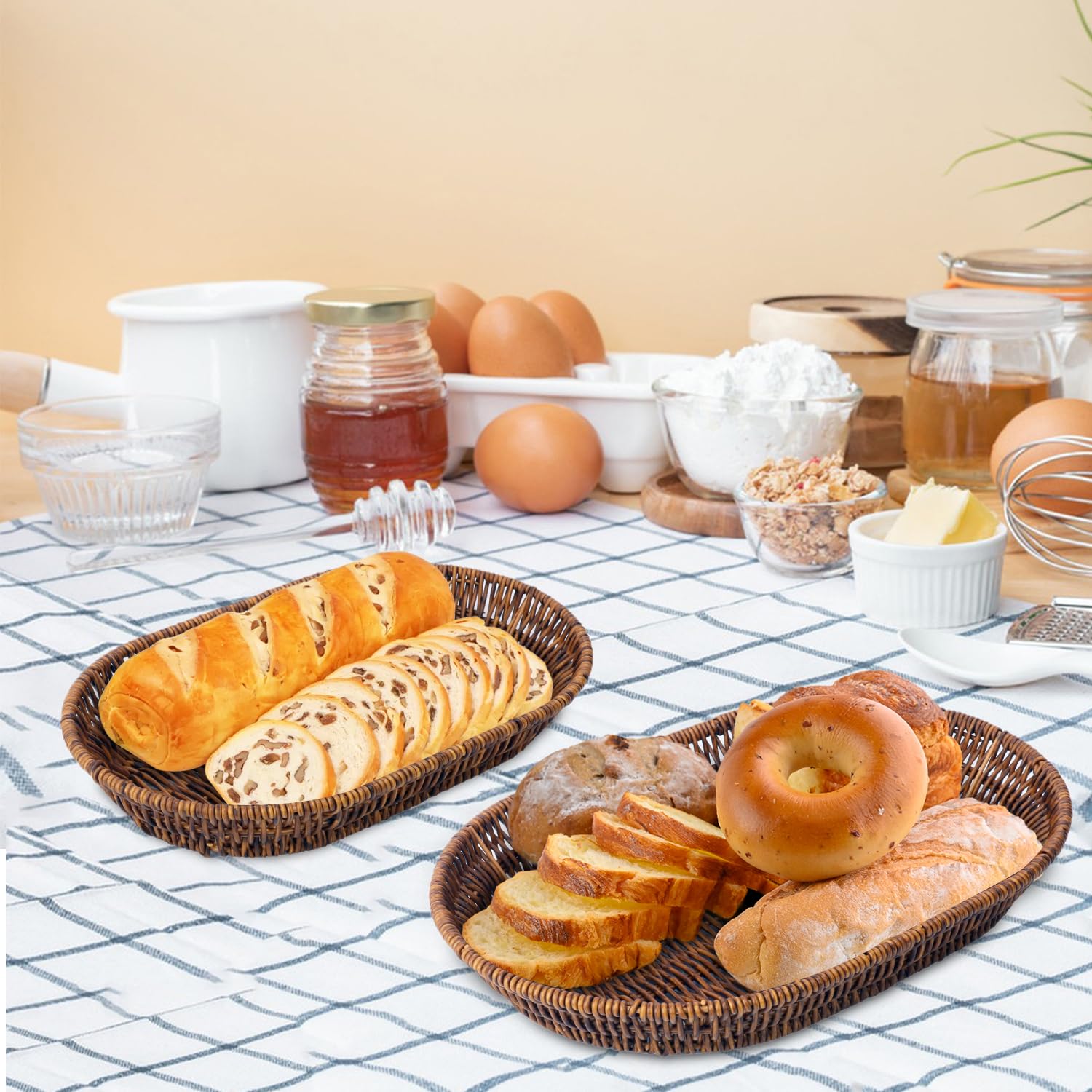 Juego de 3 cestas de mimbre ovaladas tejidas a mano, 3 tamaños versátiles para pan, frutas y cosméticos, cestas de pan para servir, adecuadas para encimera de cocina, mesa de comedor y