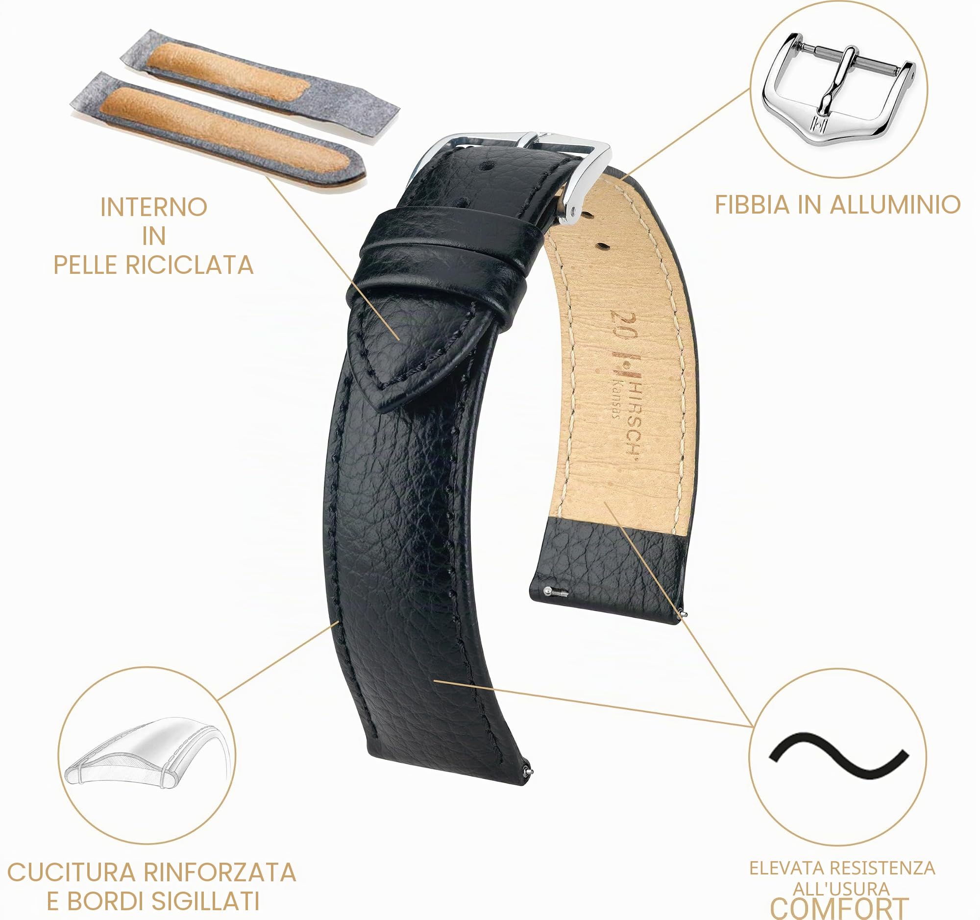 HIRSCH Kansas, cinturino in vera pelle di vitello, goffratura bufalo, per uomo e donna