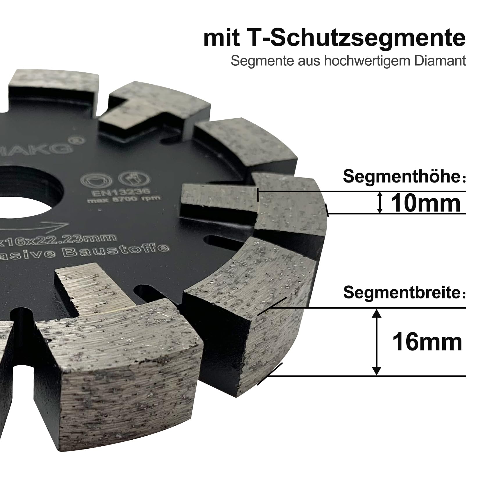 Dientes protectores Tuck Point - Hoja de sierra de diamante para corte en seco de hormigón medio ranurado, ancho de segmento 16 mm, altura de segmento 10 mm (120 x 16 x 22,23 mm)