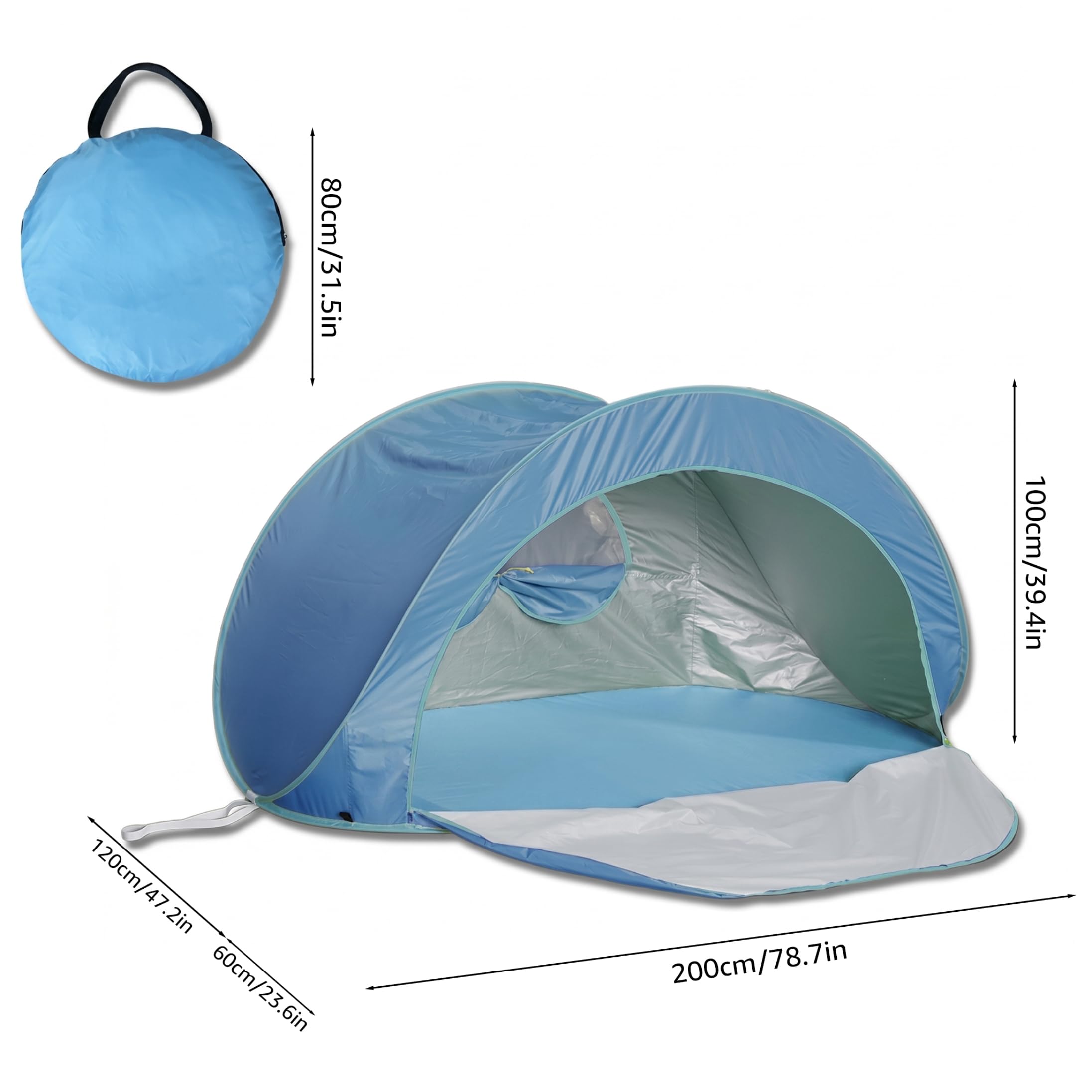 Tente de Plage Pop-up pour 3 à 4 Personnes, Pare-Soleil de Plage Portable et Pliable avec Rideau à Fermeture éclair, Tente d'extérieur Installation instantanée Automatique, Bleu, Facile