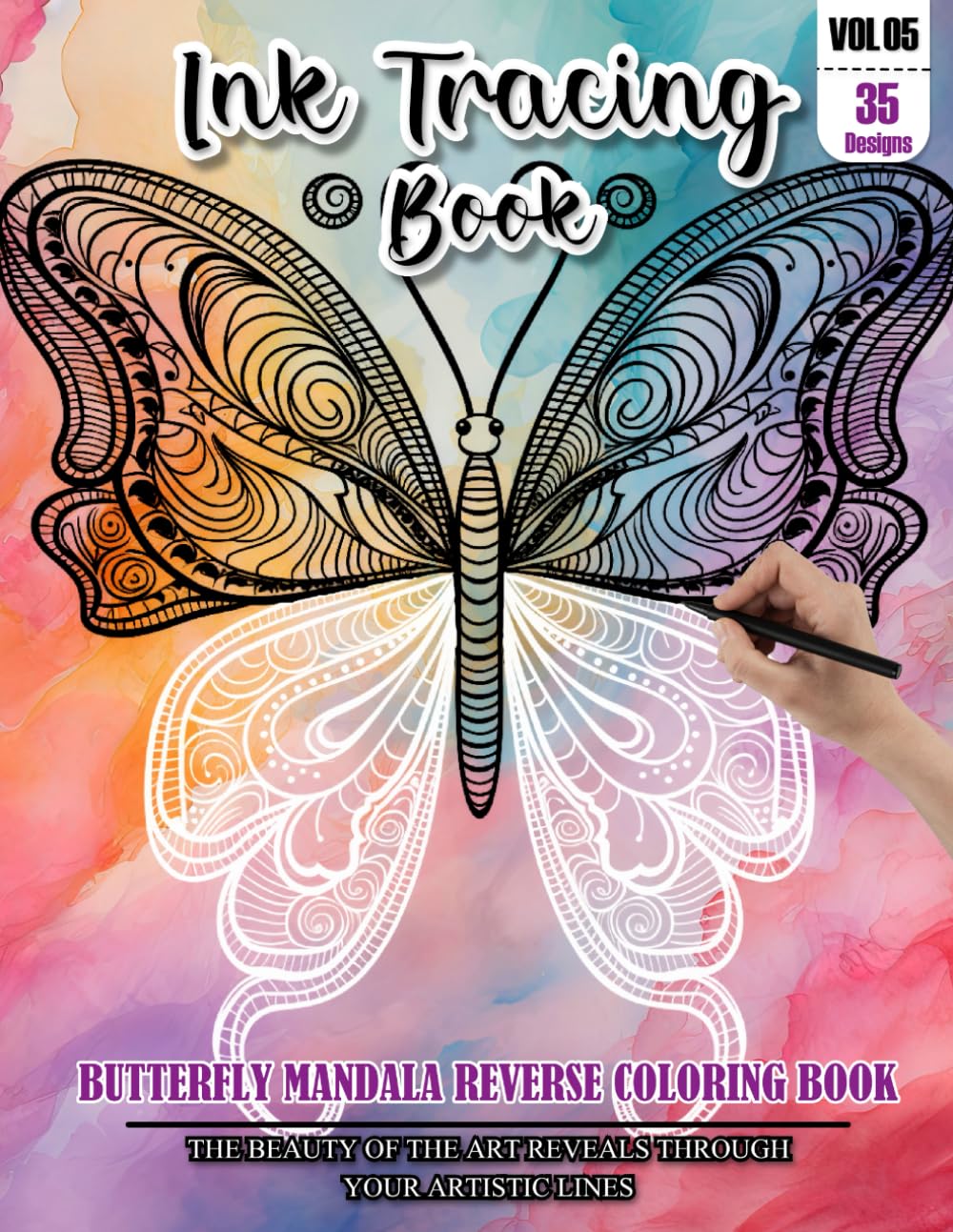 Ink Tracing Book for Adults: Stress relief reverse Butterfly Mandala ink tracing book for adults: mindfully Follow white lines to Uncover 35 Butterfly ... a perfect gift for Butterfly lover(Vol-5)